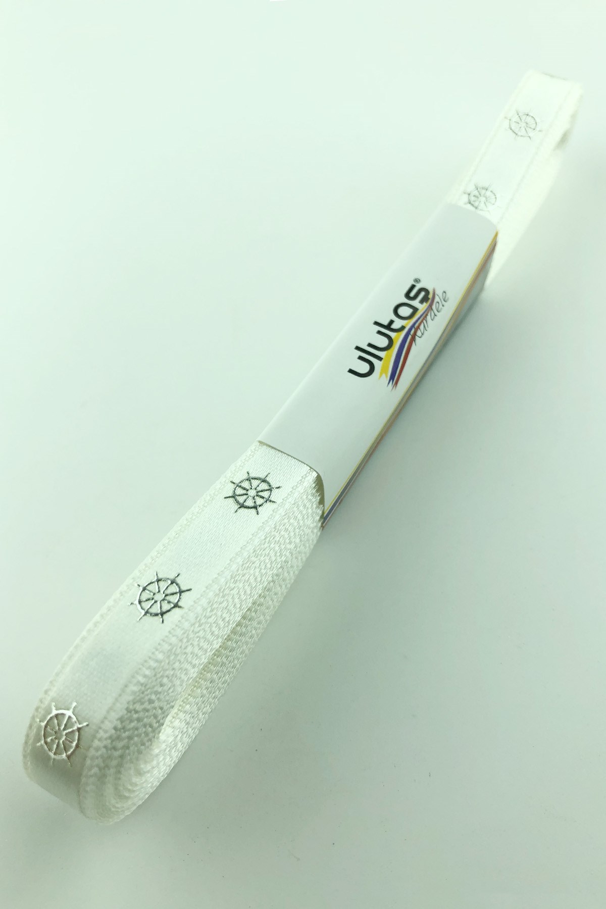 Silver Rudder Leaf Printed Satin Ribbon 1 cm