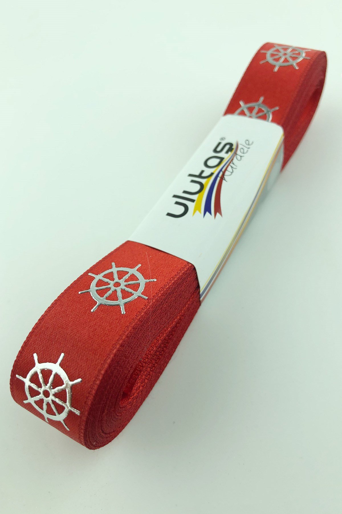 Silver Rudder Leaf Printed Satin Ribbon 2 cm