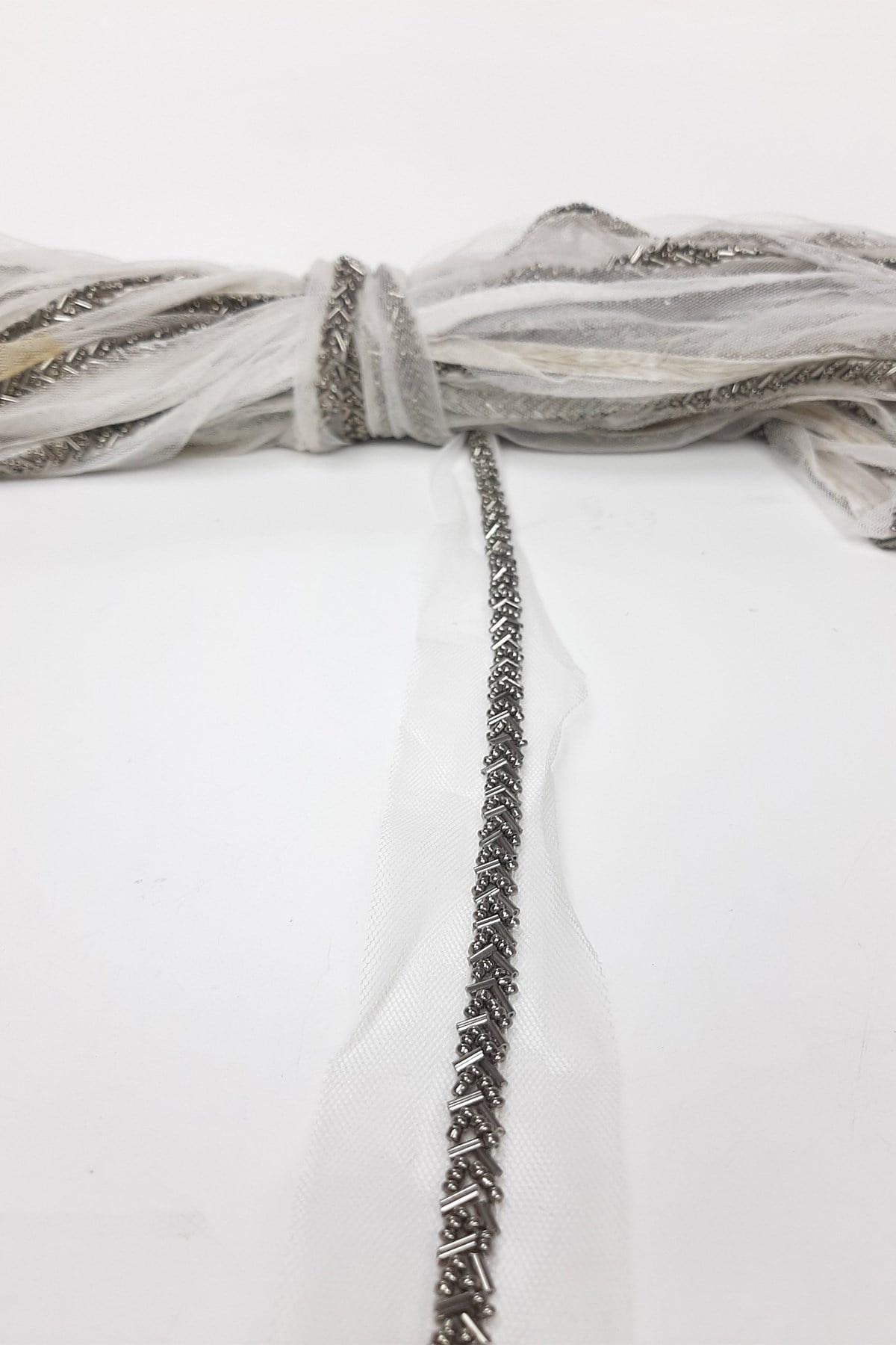 Silver Color Bead Embroidered Ribbon