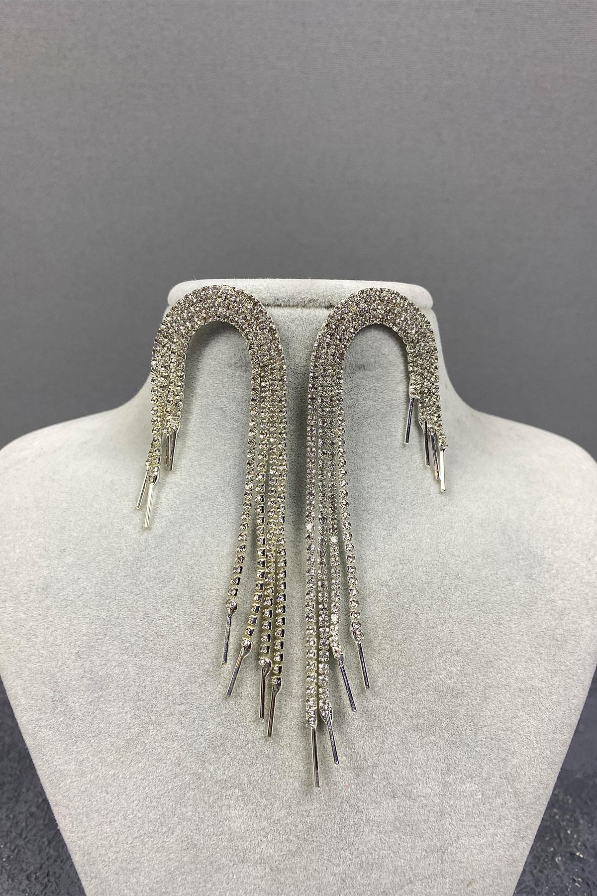 Gümüş Sallantılı Abiye Taşlı Küpe