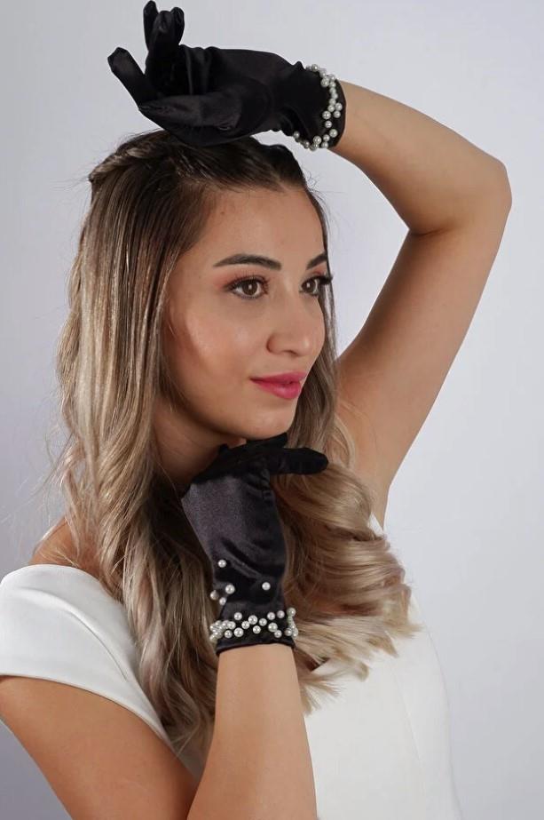 İnci İşlemeli Saten Kısa Abiye Eldiven Parti Aksesuarı