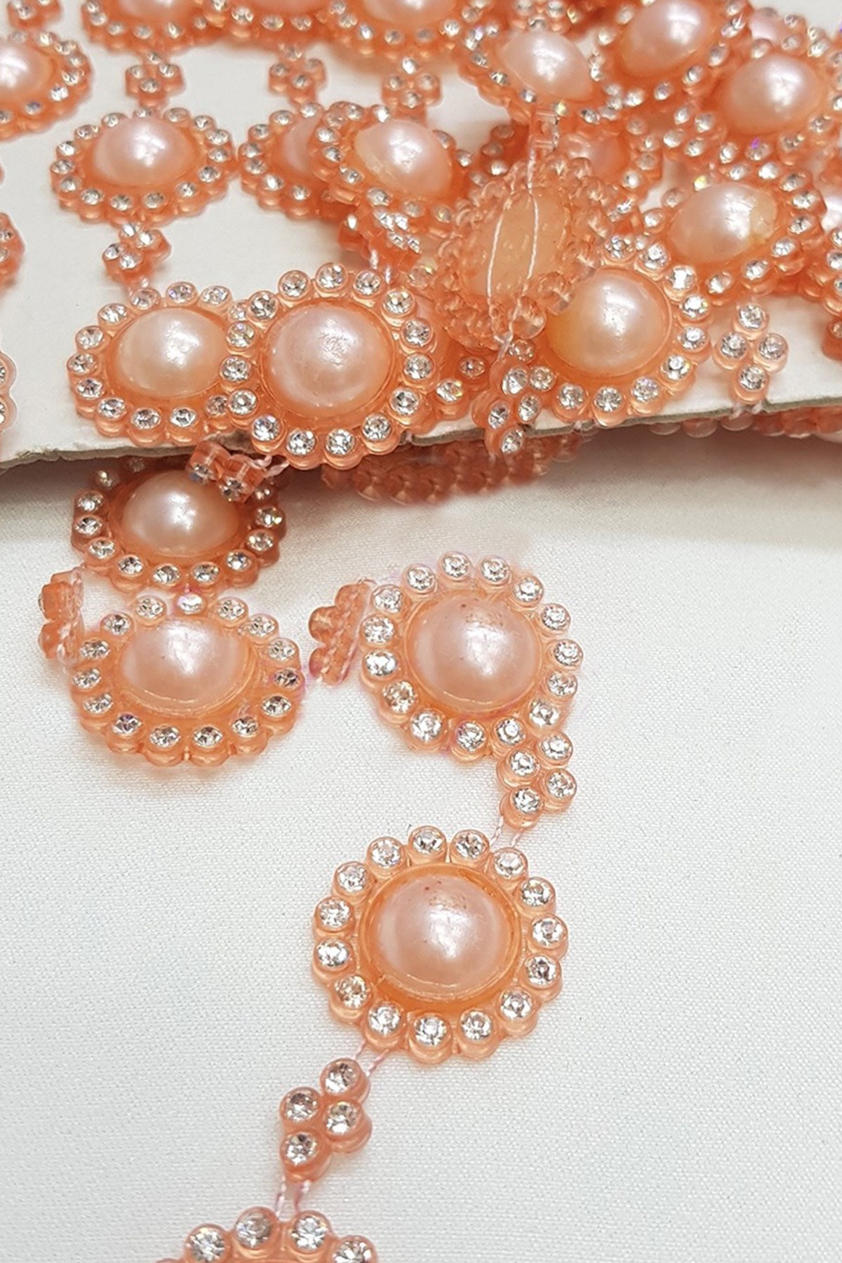 Salmon Color Pearl and Stone Ribbon 2Cm