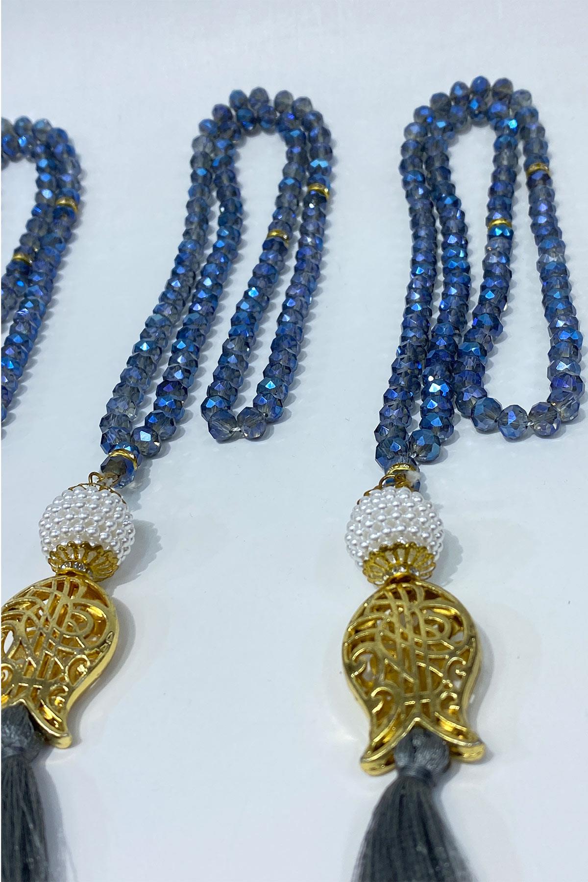 İndigo Mavi Hediyelik Laleli Püsküllü Kristal Boncuklu 99 Lu Namaz Tesbihi ( Mevlüt-sünnet-hac-umre)
