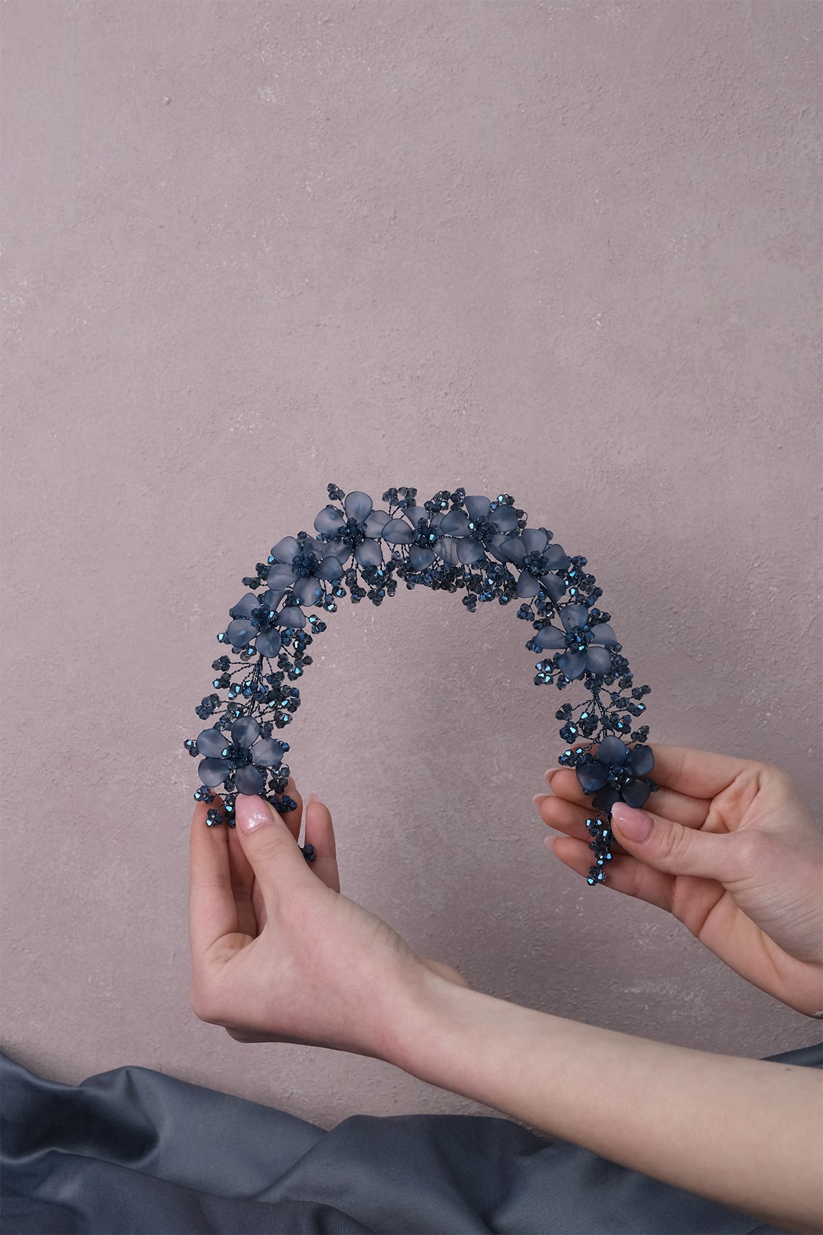 النيلي الأزرق نيدا زهرة المينا تاج الزفاف الشعر وإكسسوار العمامة