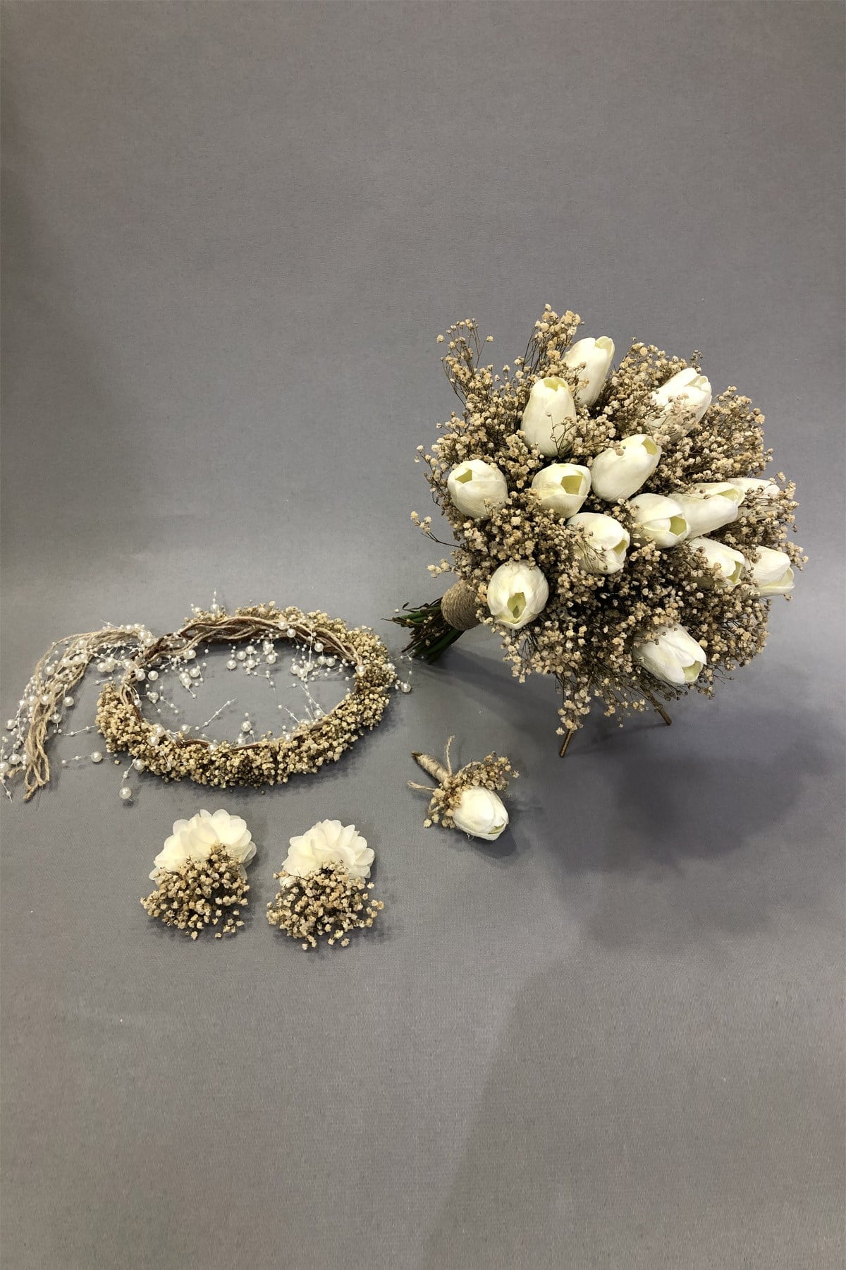 Bridal Bouquet Set with Wet Tulips and Gypsum