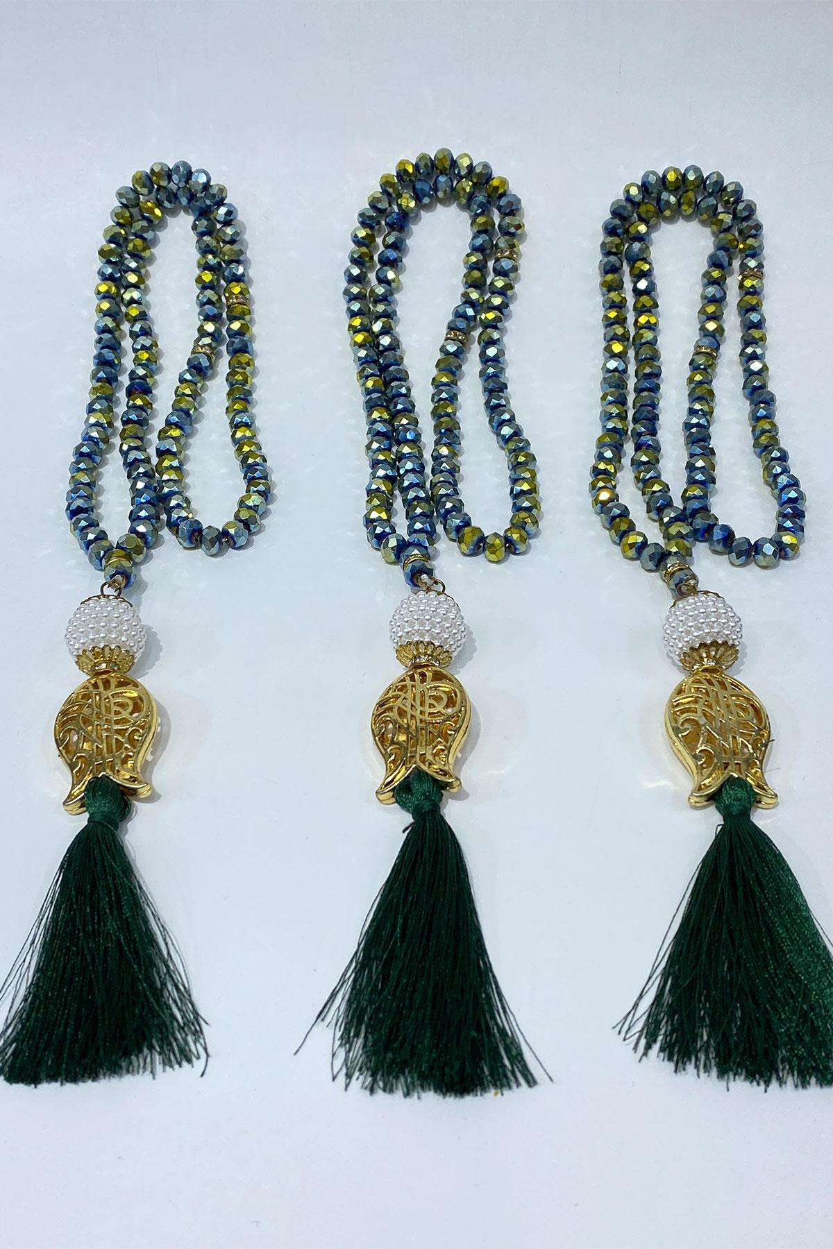 Janjanlı Yeşil Hediyelik Laleli Püsküllü Kristal Boncuklu 99 Lu Namaz Tesbihi ( Mevlüt-sünnet-hac-umre)