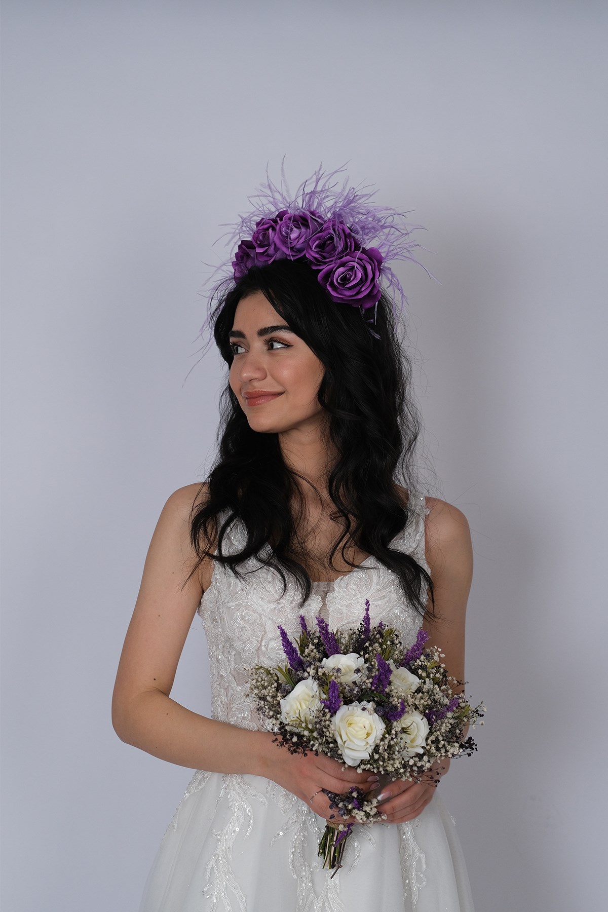 Kadife Güllü Tüylü Tasarım Gelin Kına Tacı