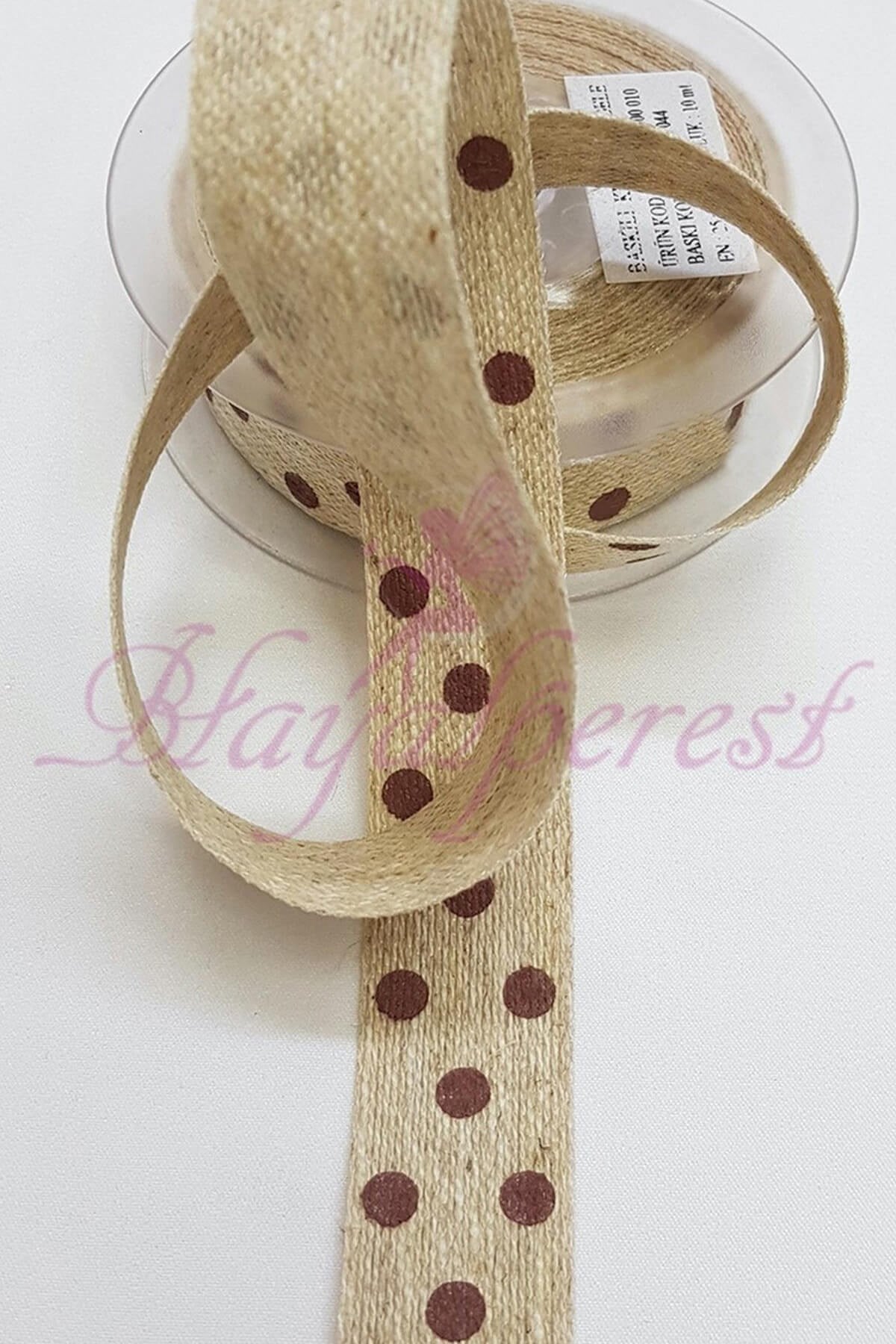 Brown Polka Dot Printed Linen Ribbon 1,5Cm
