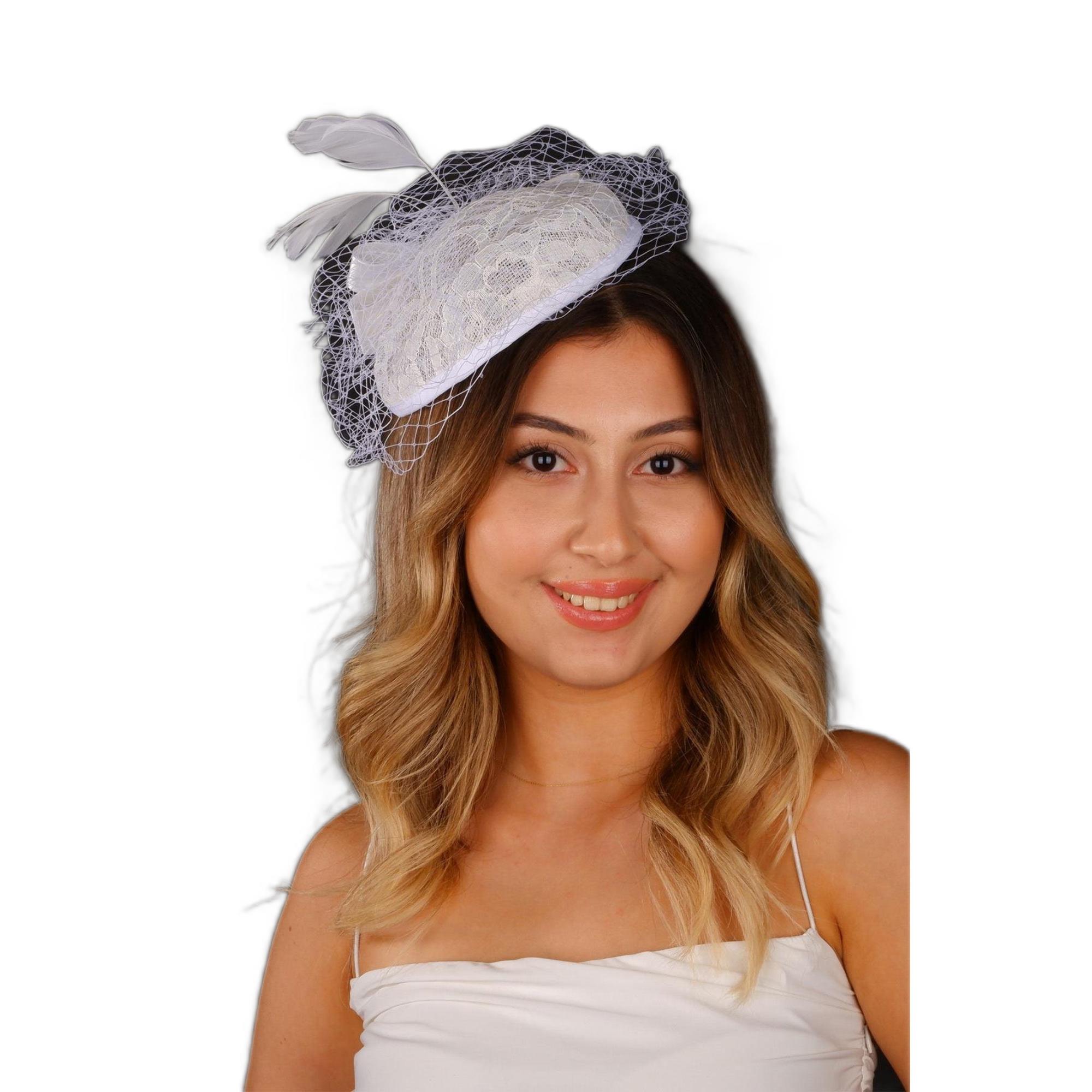 Kırık Beyaz Vualet Nikah Şapkası Miss Dantelli Tüllü Gelin Aksesuarı