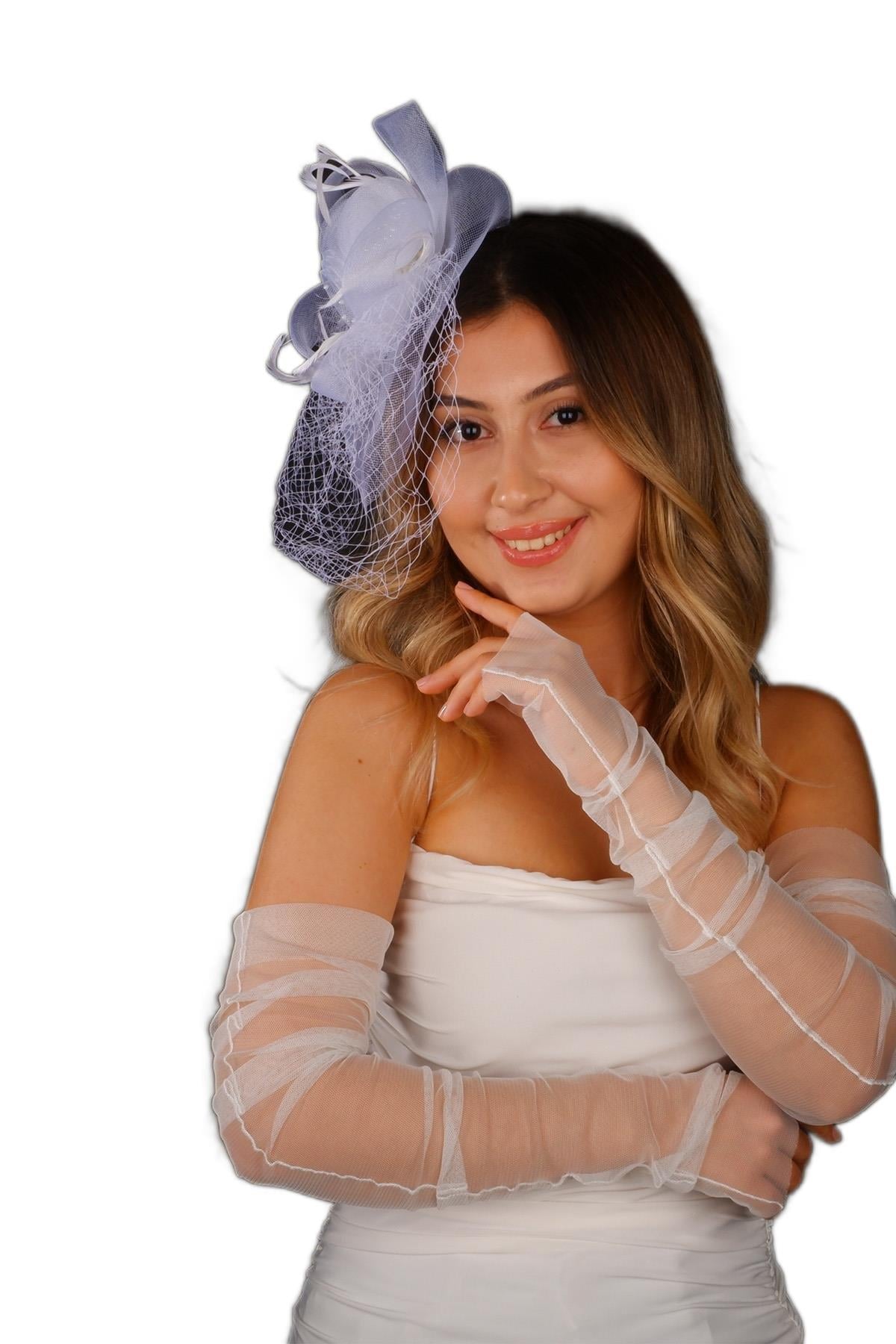 Kırık Beyaz Vualet Nikah Şapkası Nico Tüllü Gelin Aksesuarı Ve Eldiveni