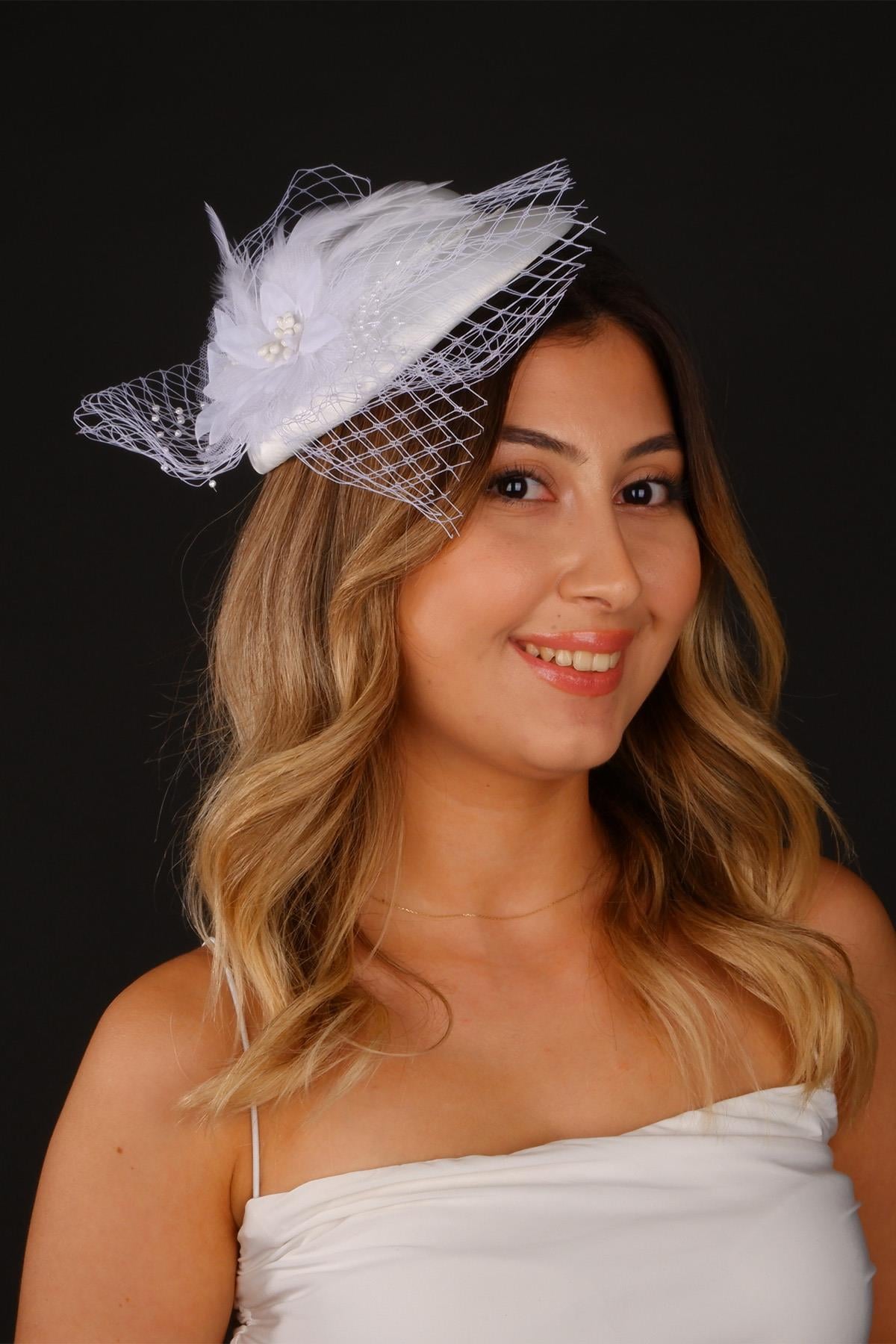 Kırık Beyaz Vualet Nikah Şapkası Vera Tüllü Gelin Aksesuarı