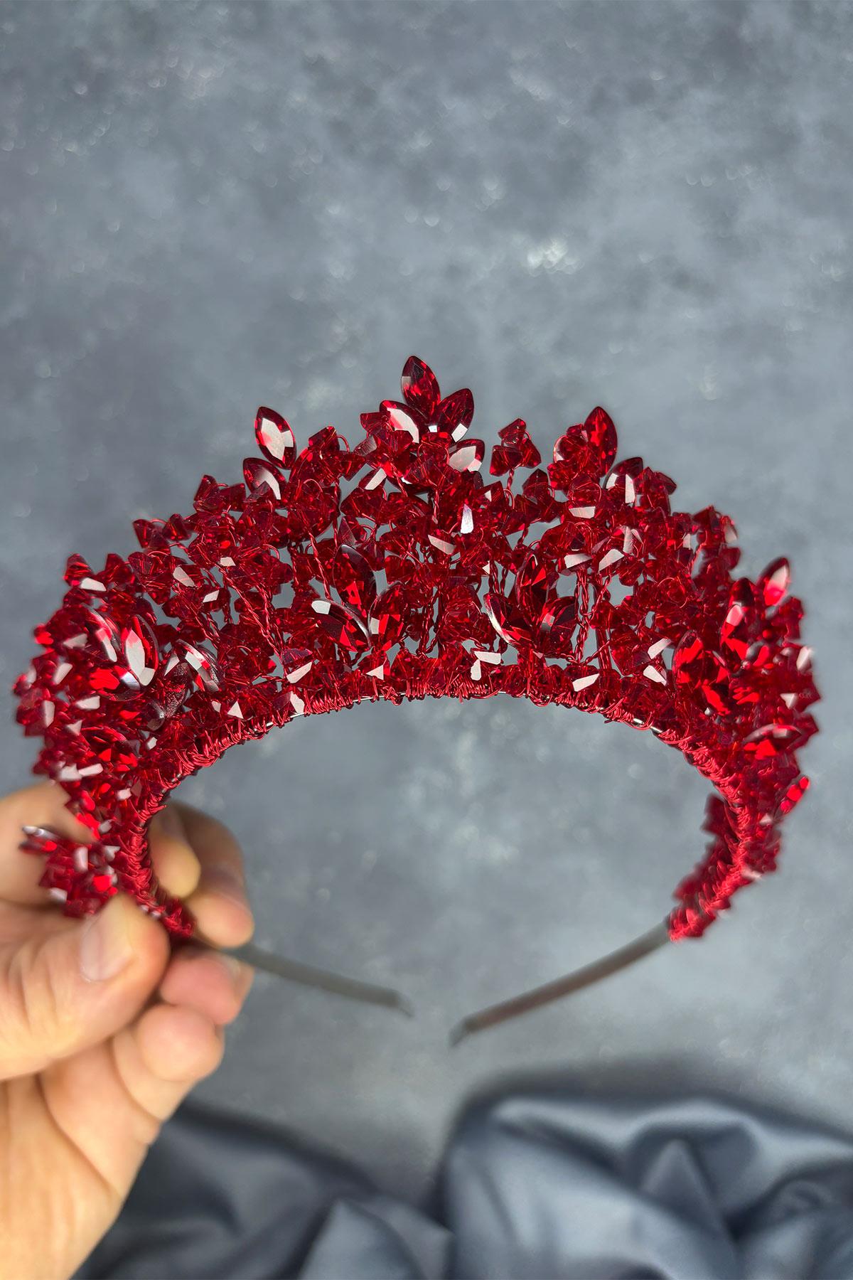 Kırmızı Doğa Boncuklu Gelin Kına Tacı Gelin Saç Aksesuarı