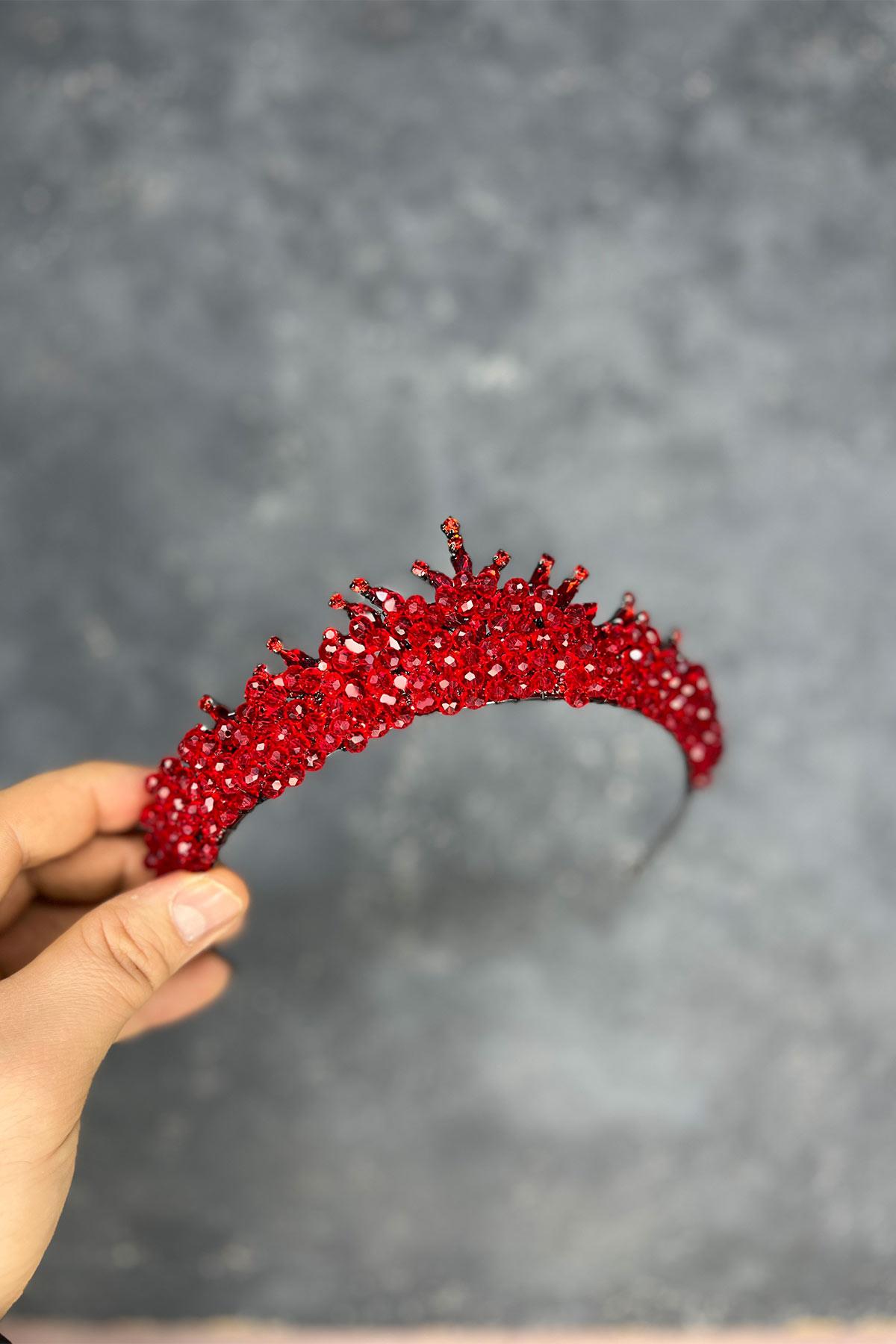 Kırmızı Edis Boncuk İşlemeli Gelin Kına Tacı