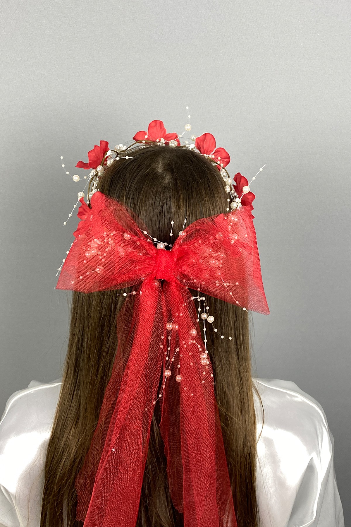 Kırmızı Fiyonklu Ortanca Çiçekli Özel Gelin Kına Tacı