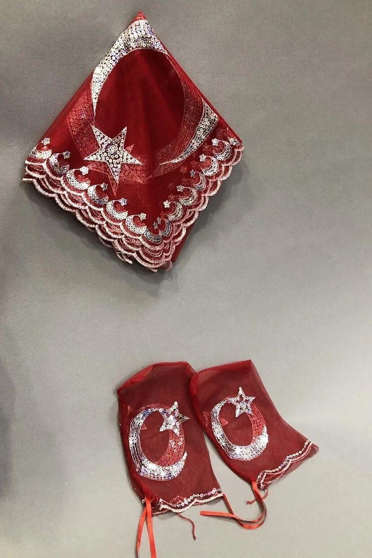 Kırmızı Gelin Duvağı Ay Yıldızlı Damat Örtüsü Ve Takı Kurdele Seti Kına Örtüsü