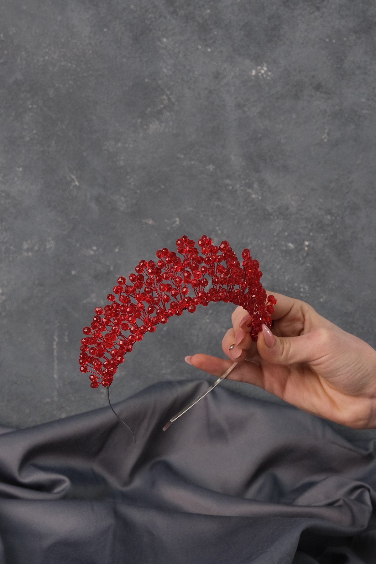 Kırmızı Kristal Boncuklu Aren Gelin Kına Tacı