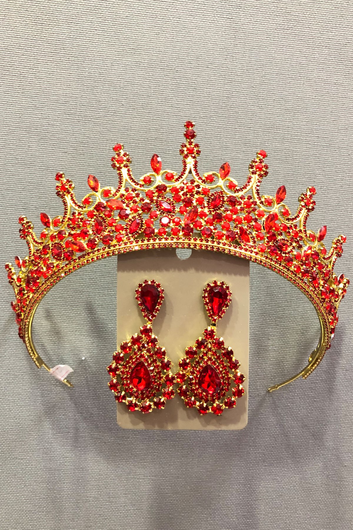 Red Crystal Glass Stone Metal Case Henna, Bridal Crown And Earring Set