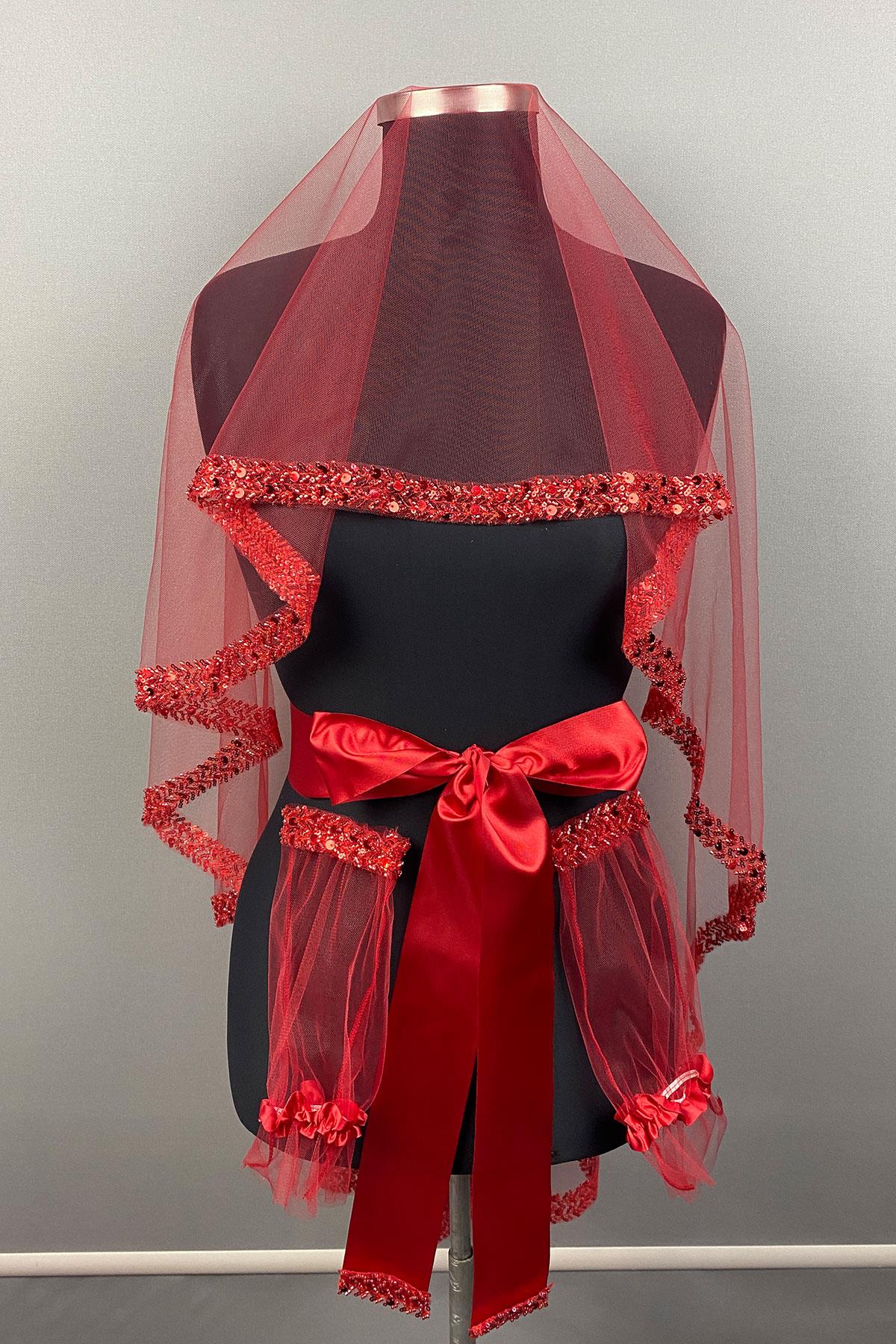 Kırmızı Su Model İşlemeli Gelin Kına Duvağı Yüz Örtüsü