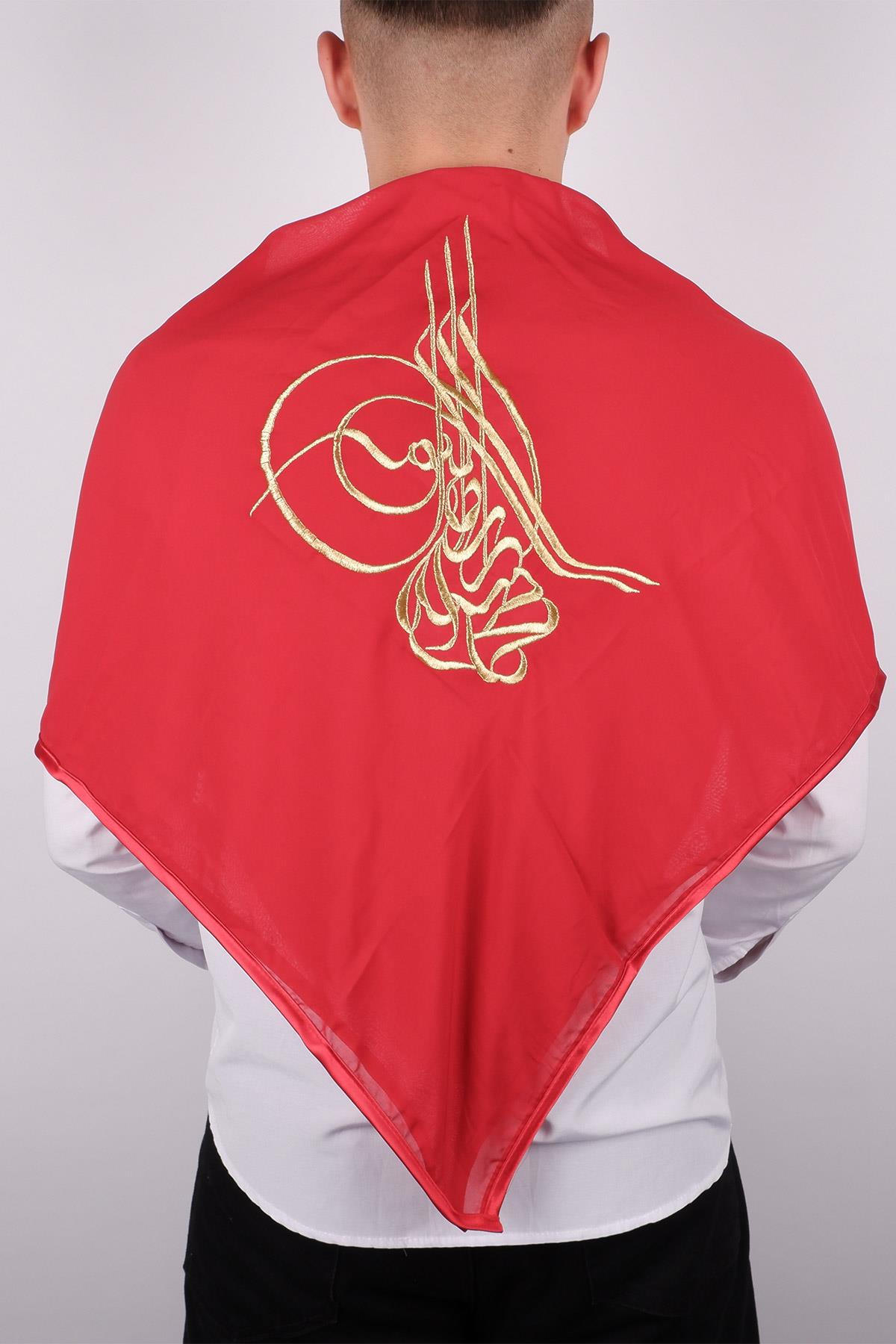 Kırmızı Tuğralı Gold Nakışlı Biyeli Damat Örtüsü