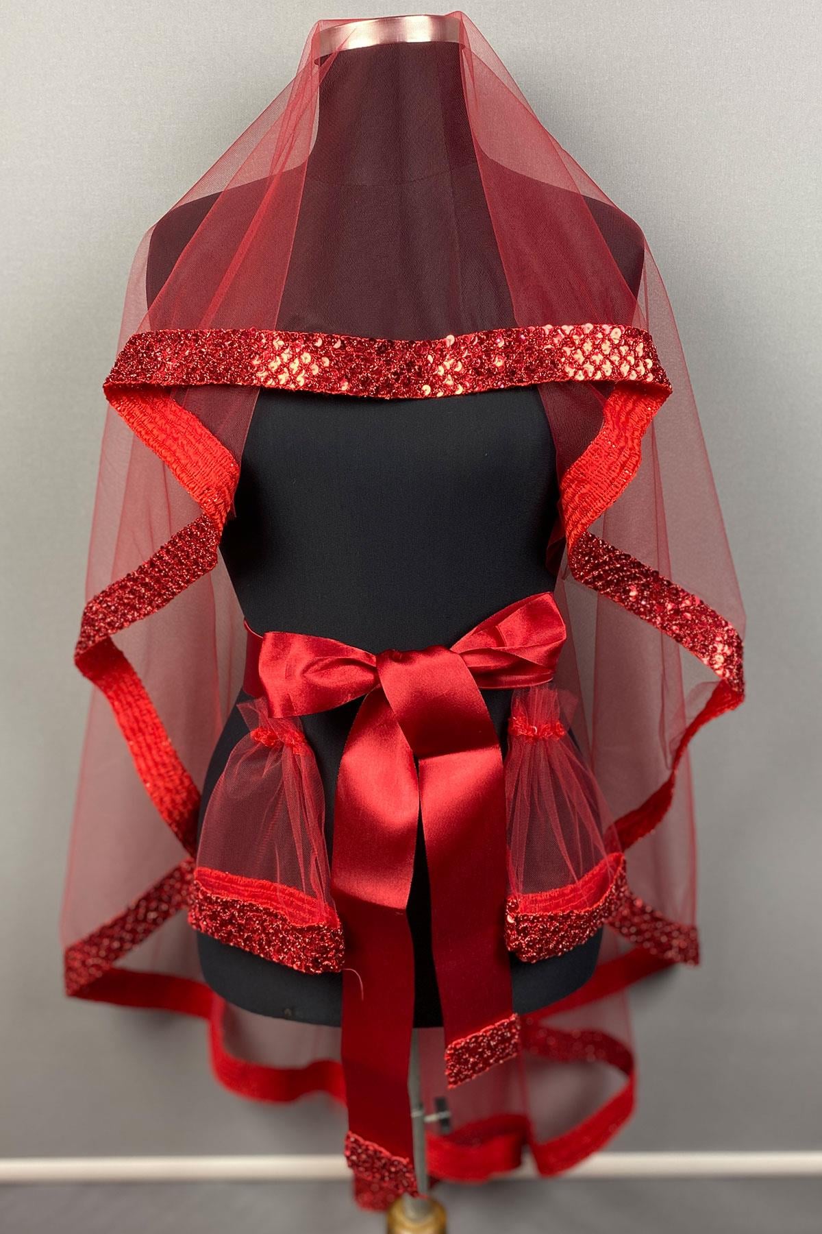 Kırmızı Zarif Model Pullu Gelin Kına Duvağı Yüz Örtüsü