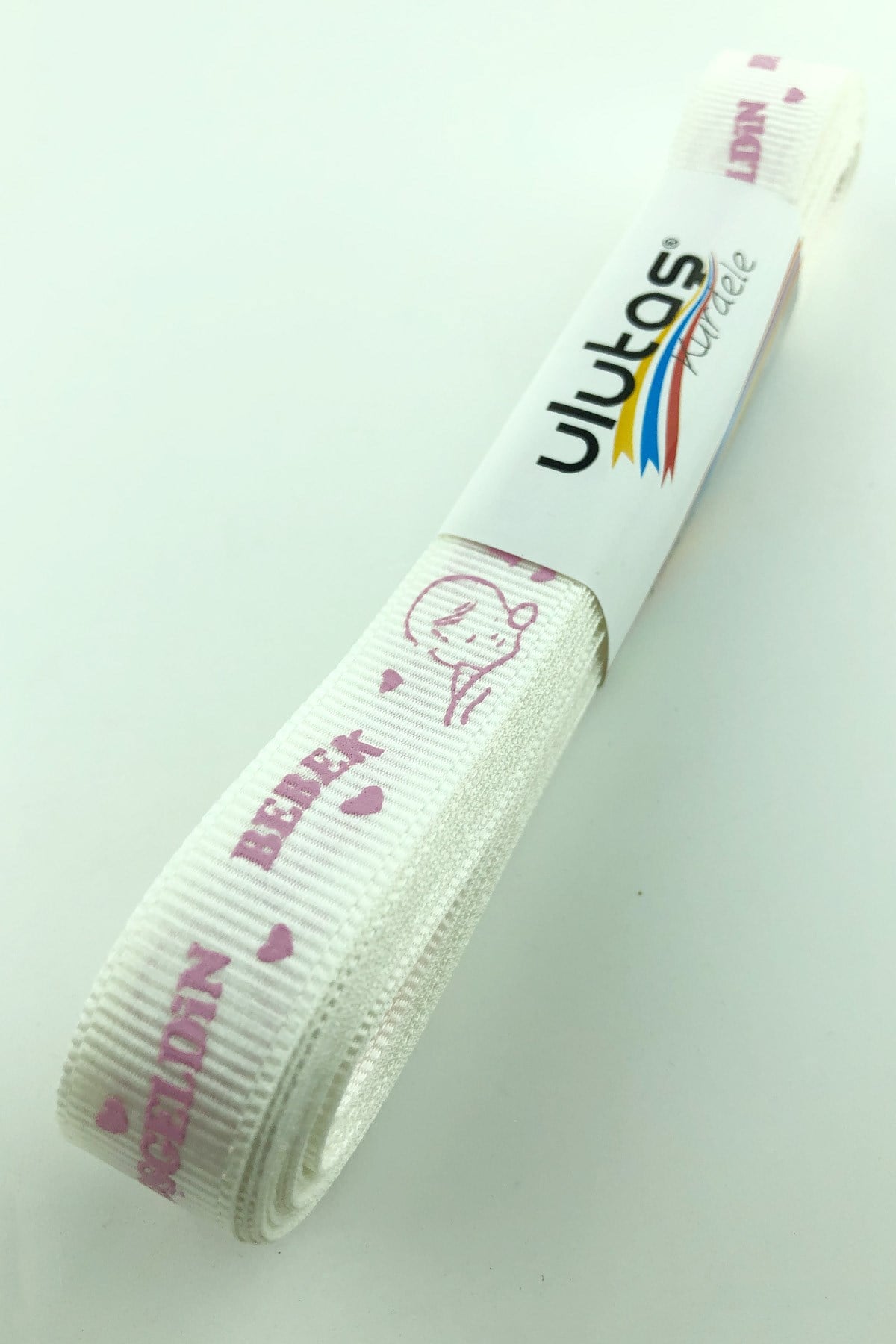 Krem Pembe Hoşgeldin Bebeğim Baskılı Grogren Kurdele 1,5 cm