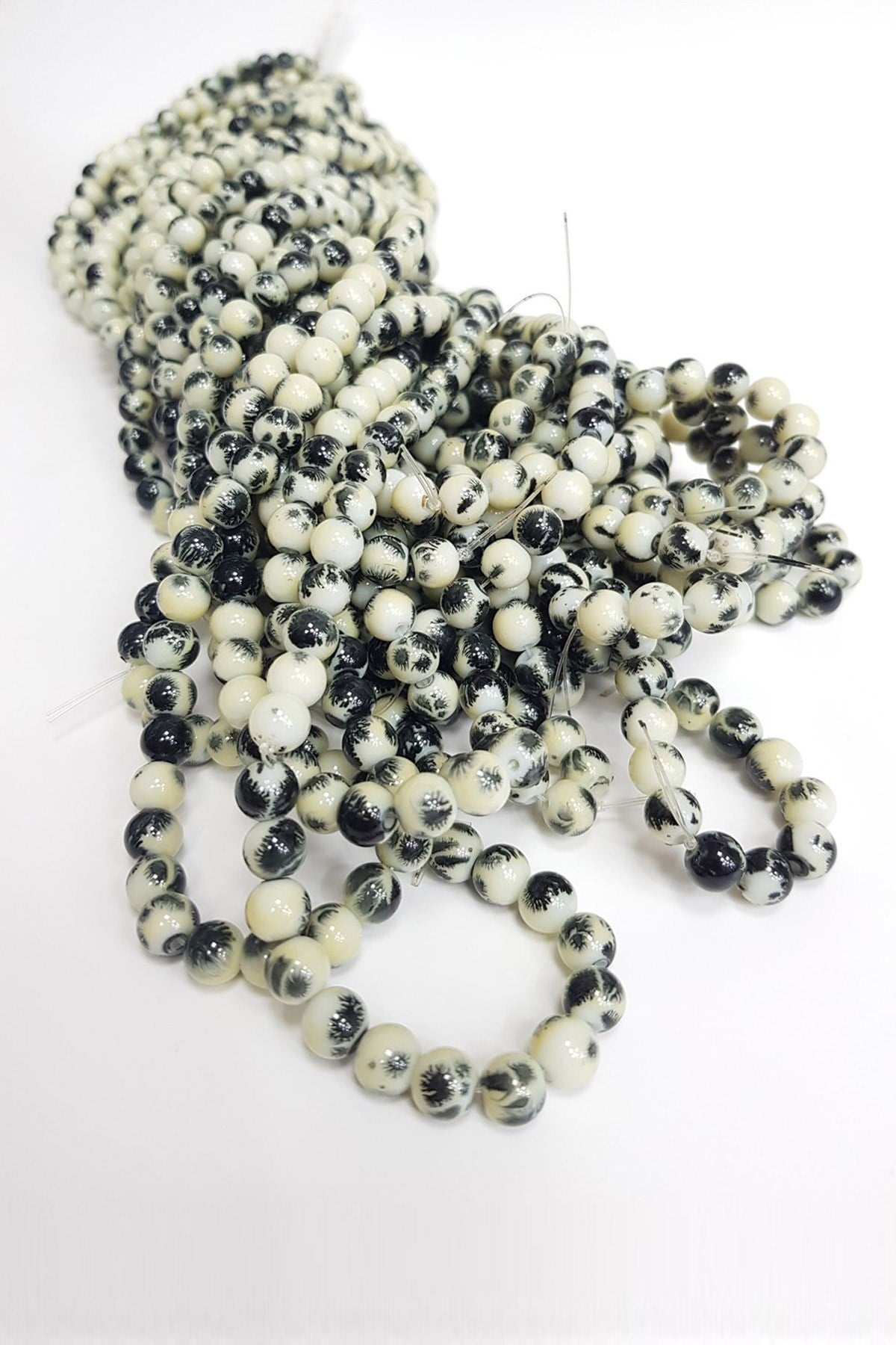 Cream Black Patterned String Glass Beads