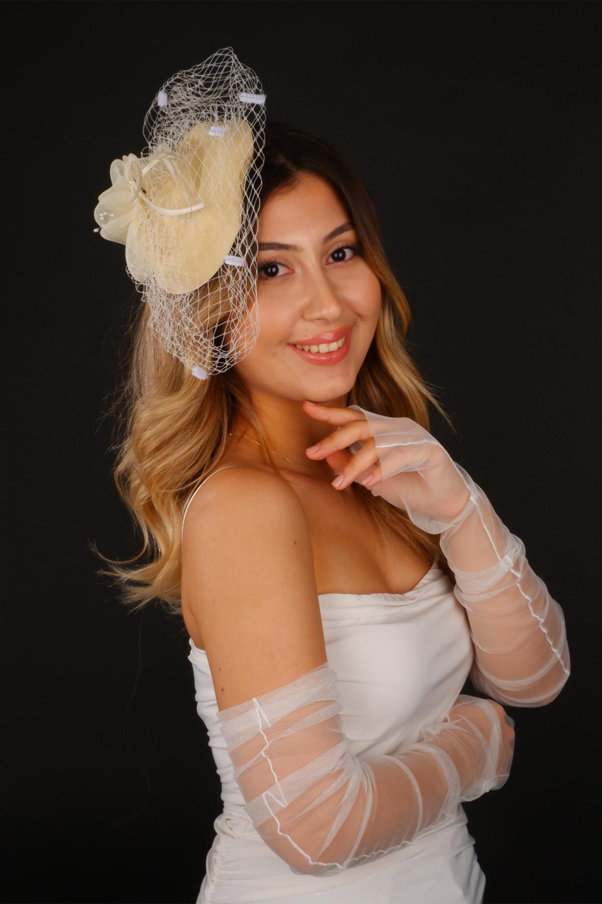 Wholesale Cream Voilet Wedding Hat, Milne Tulle Bridal Accessory and Gloves