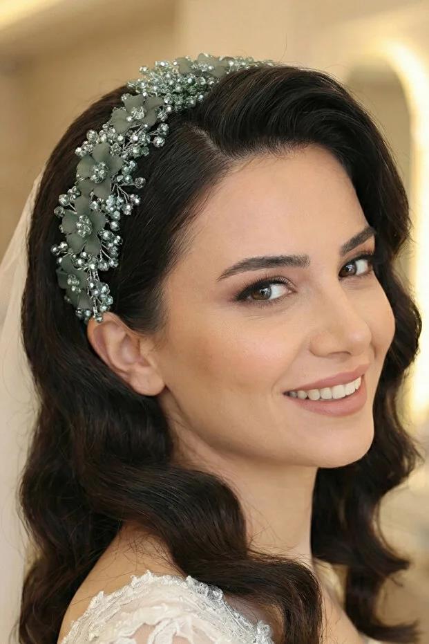 Kristal Taşlı Çiçekli Gelin Tacı Kına Ve Nişan Saç Aksesuarı