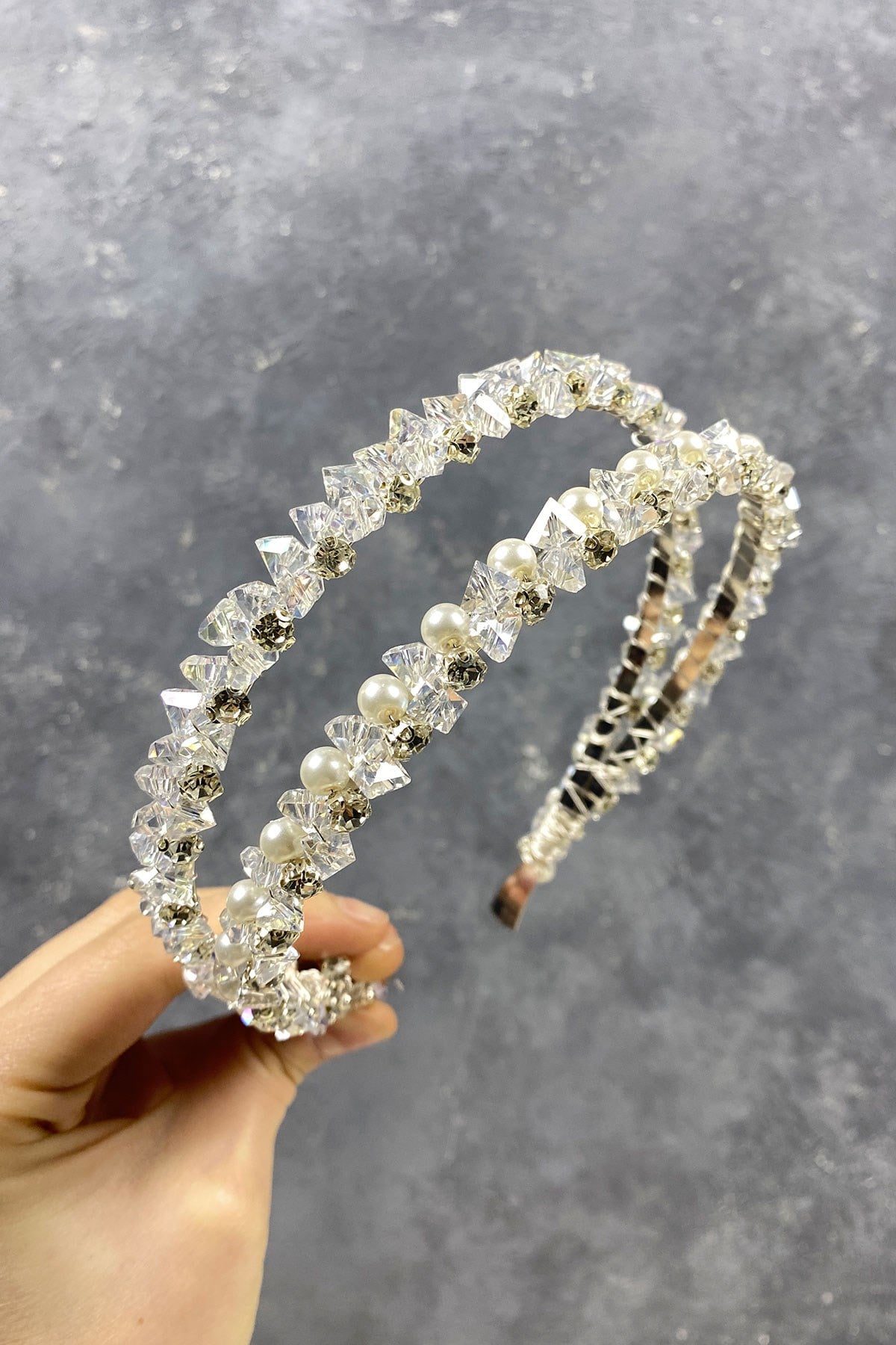 Kristal Taşlı İncili Çift Sıra Saç Aksesuarı Gelin Tacı