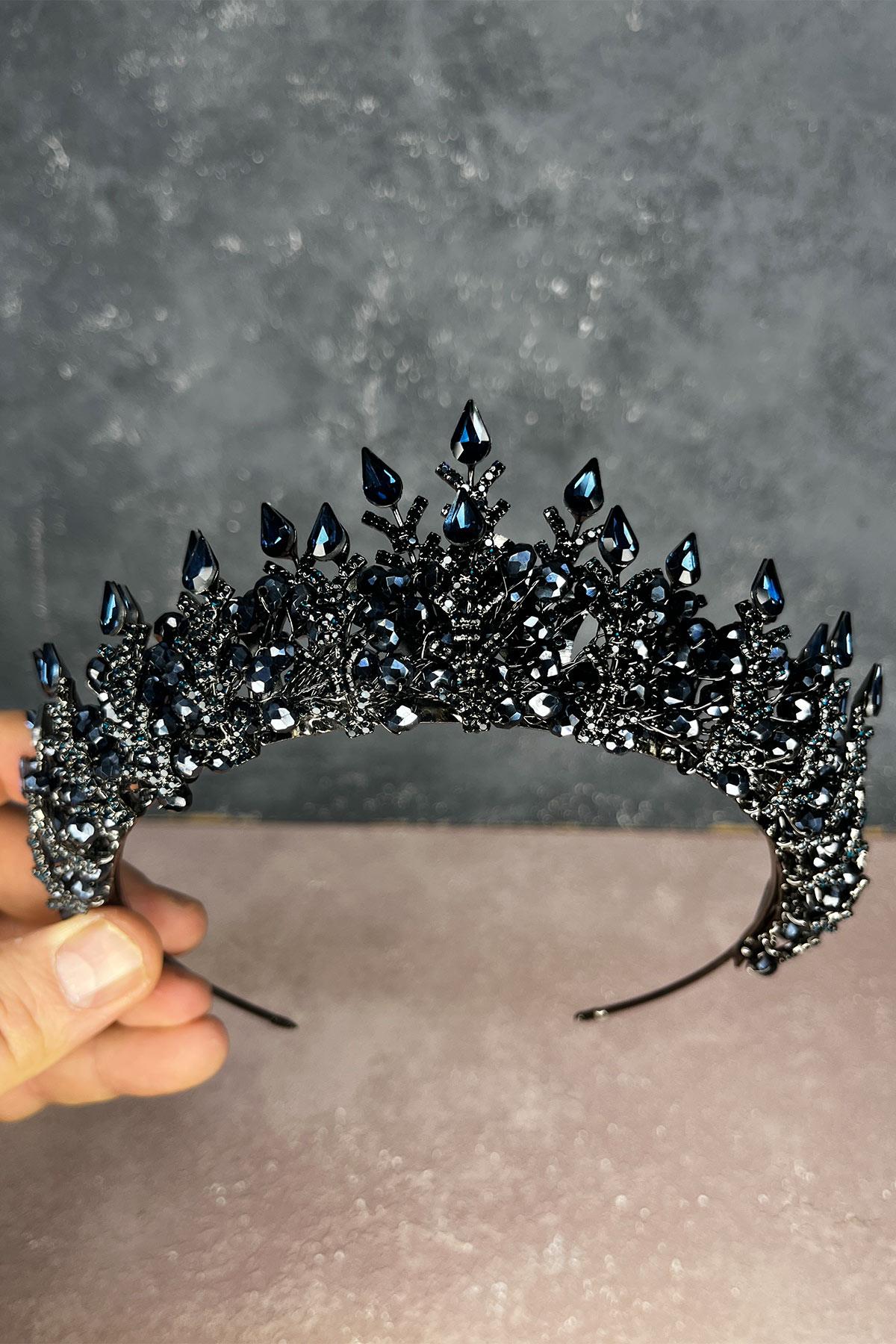 Lacivert Ala Boncuklu Tasarım Gelin Kına Tacı