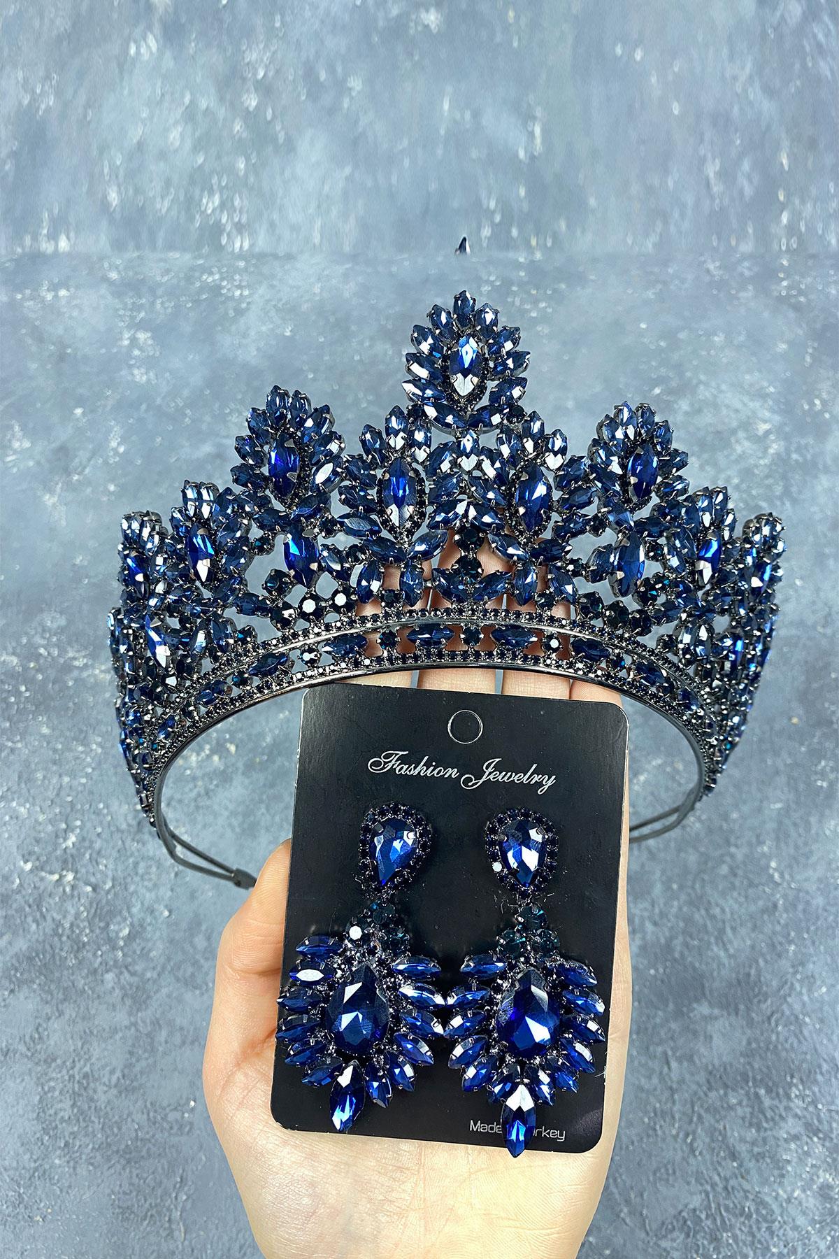 Navy Blue Godiva High Bridal Henna Crown And Shuttle Evening Dress