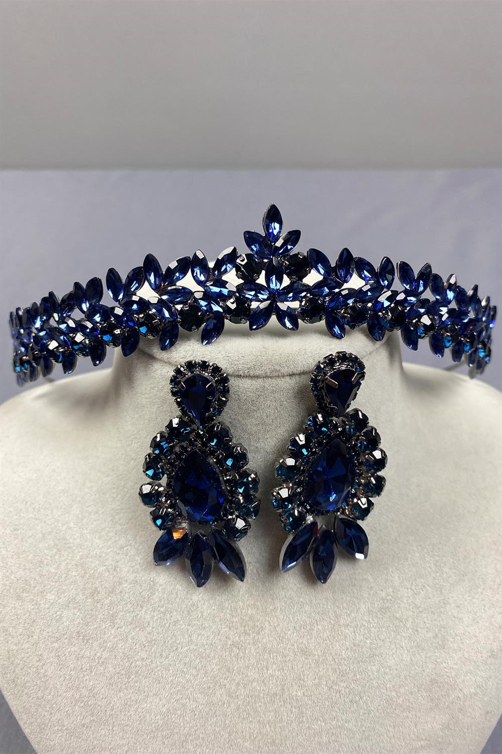 Lacivert İnce Zarif Vera Gelin Kına Tacı Ve Damla Mekik Küpe