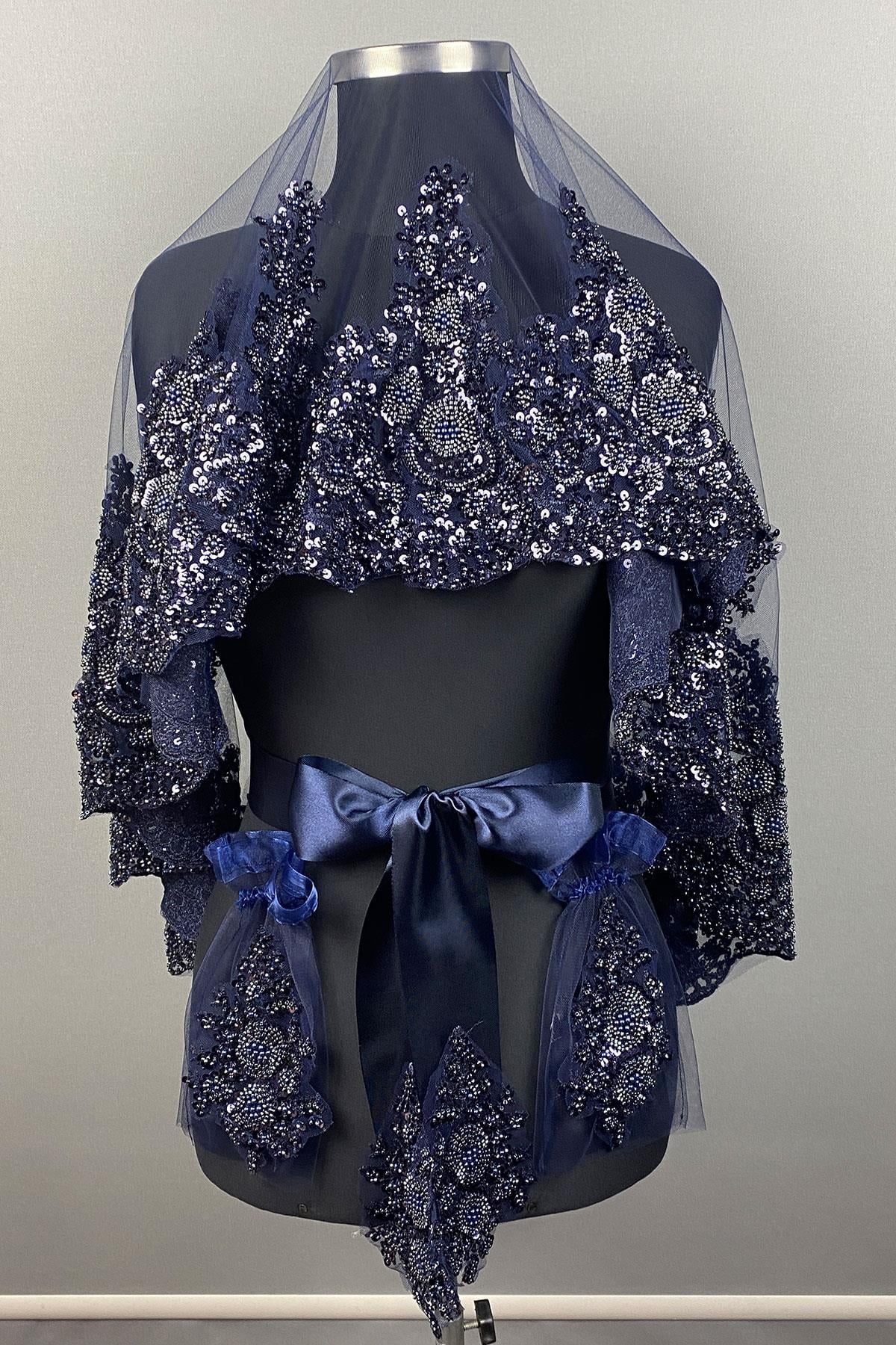 Lacivert Sultan Model Özel İşlemeli Gelin Kına Duvağı Yüz Örtüsü