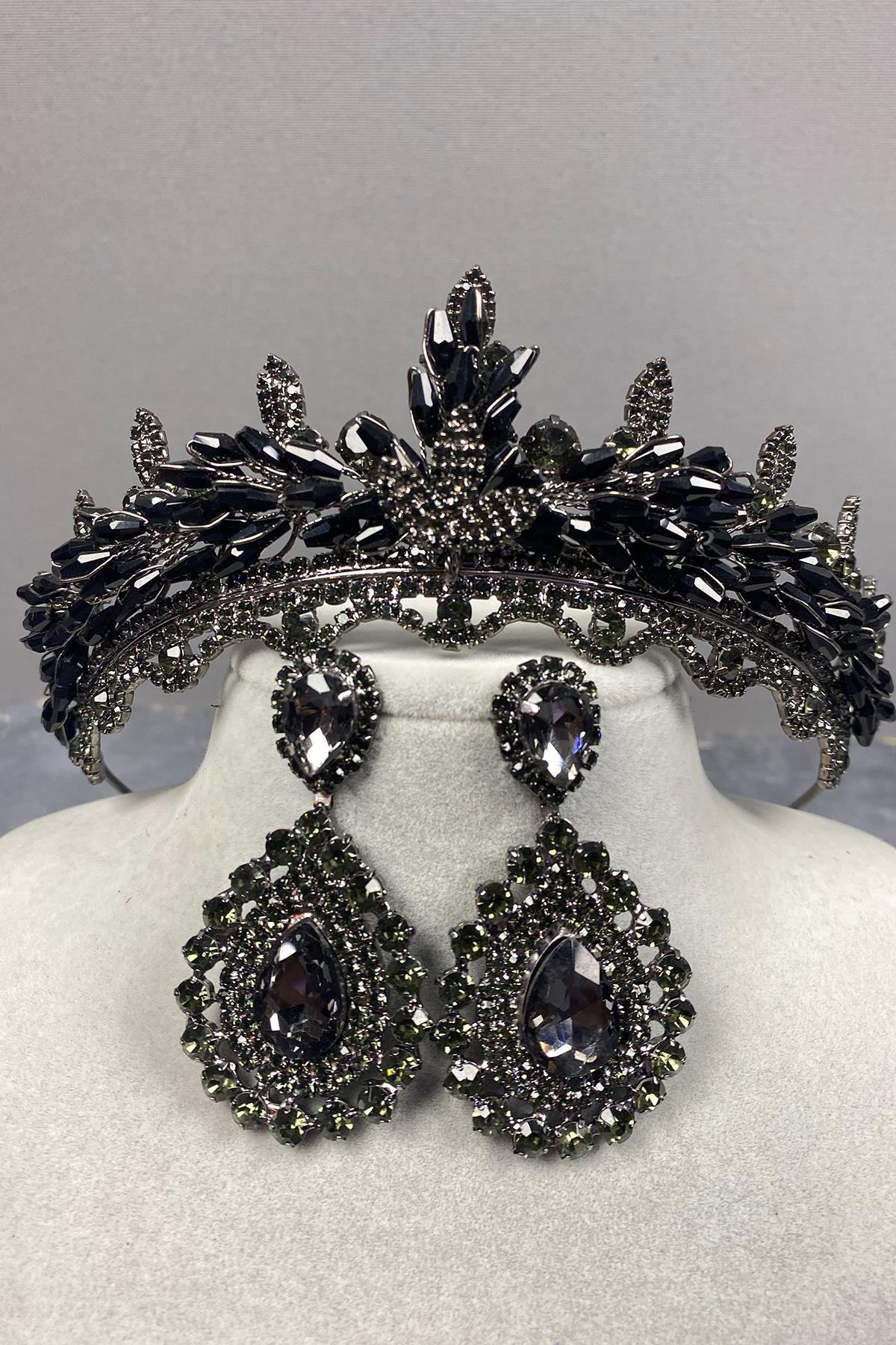 Lena Kristalli Boncuklu Gelin Kına Tacı Ve Küpe Seti