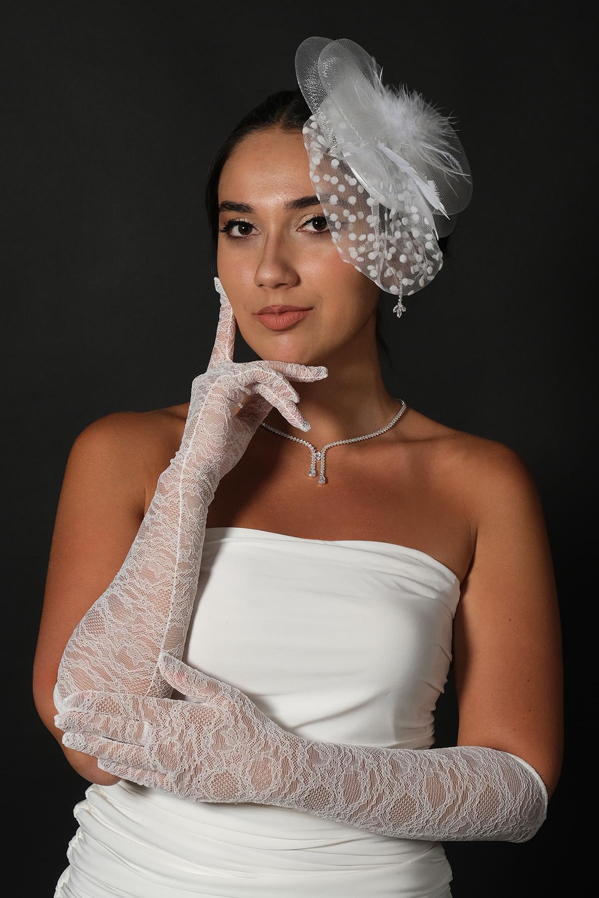 Wholesale Lycra Lace Long Bridal Gloves and Voilet Wedding Hat