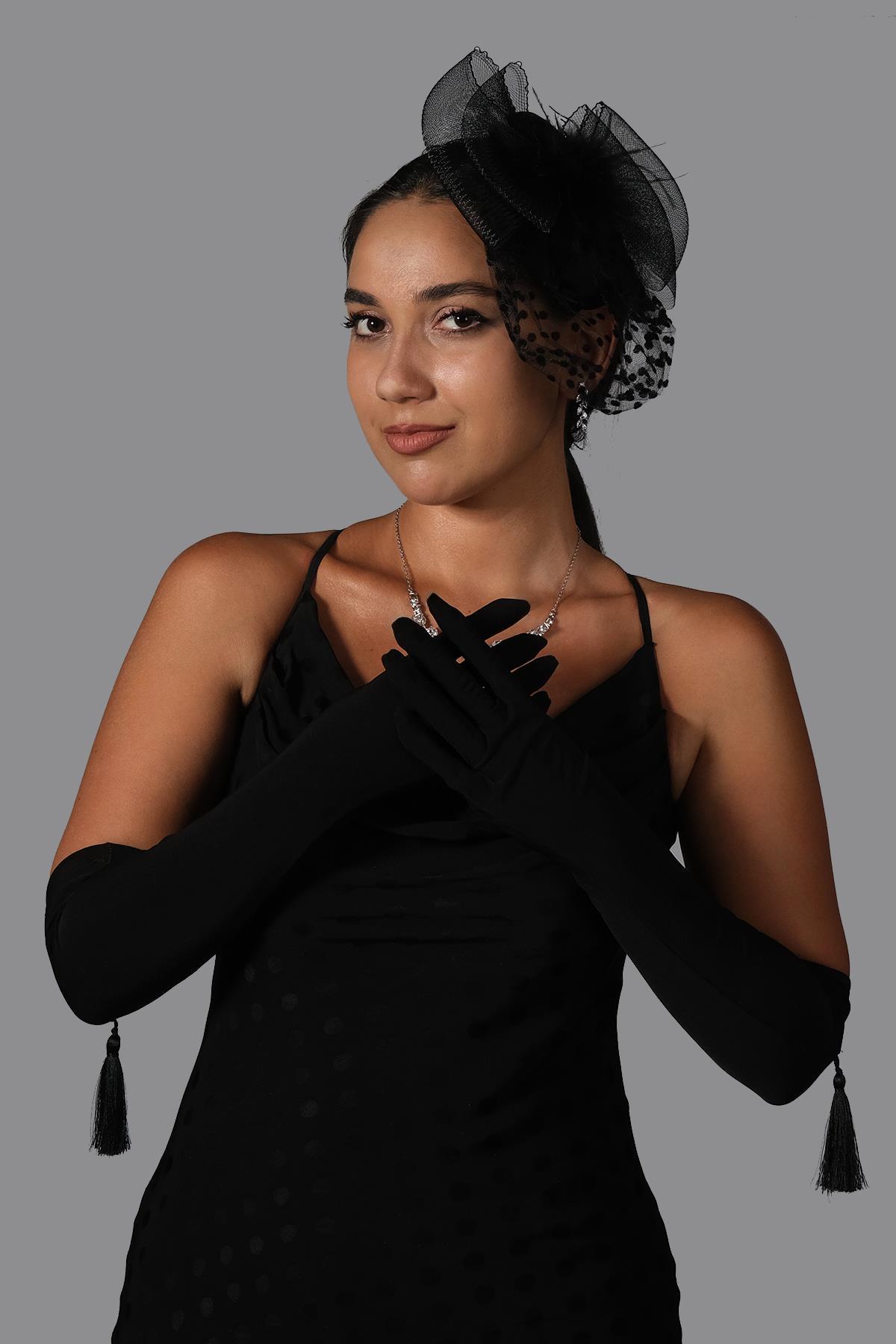 Wholesale Lycra Sendi Fabric Tasseled Long Gloves and Voilet Wedding Hat