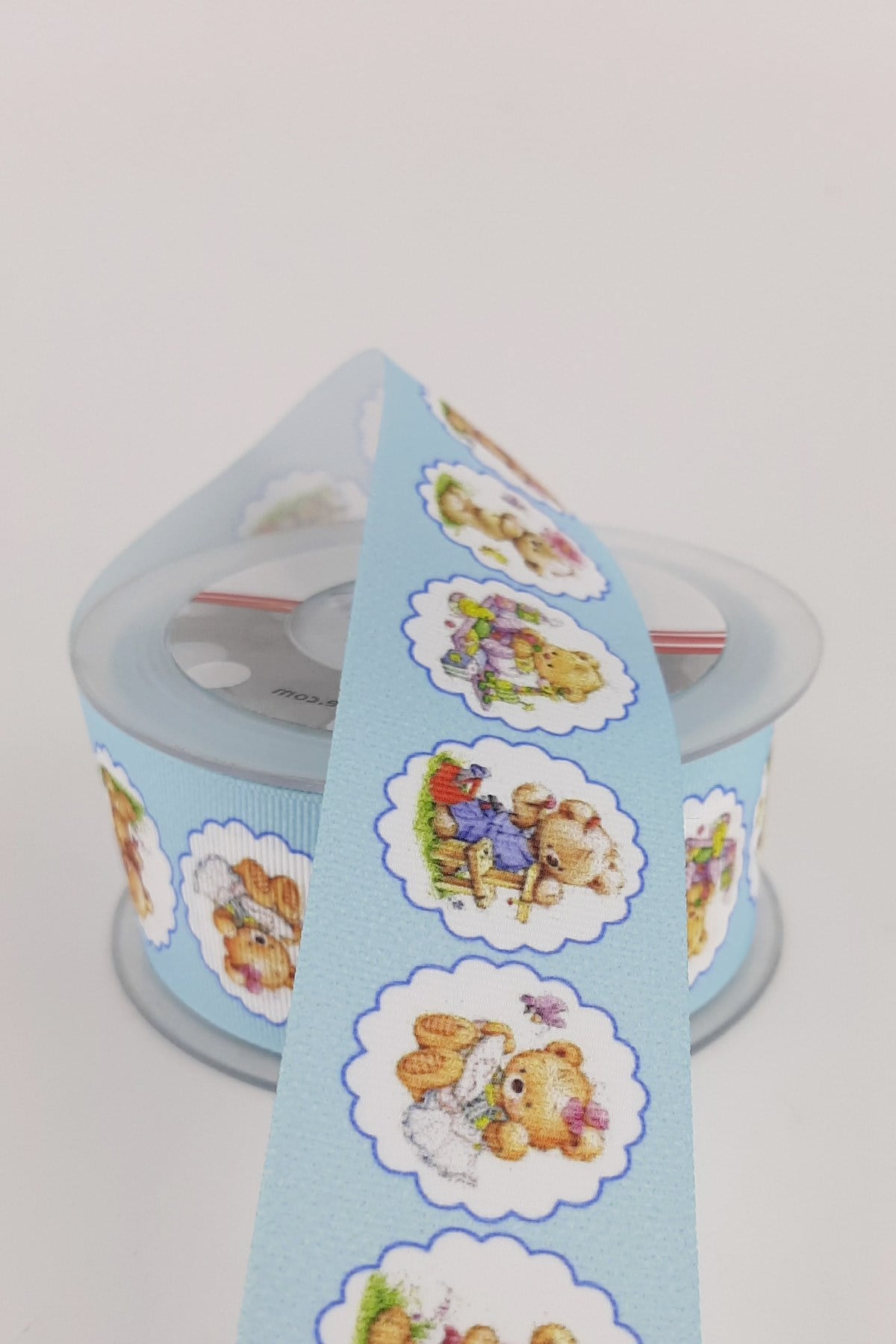 Blue Teddy Bear Patterned Grosgrain Ribbon 4 cm 20 mt