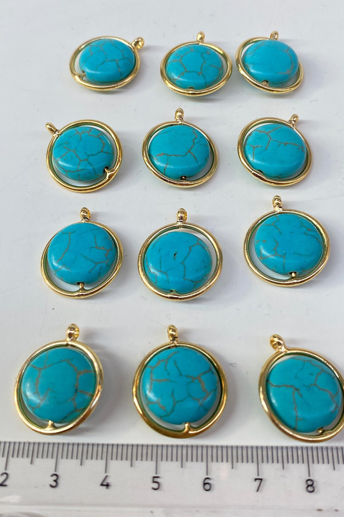 Mavi Turkuaz Oval Dogal Taşlı Gold Detaylı Kolye Ucu