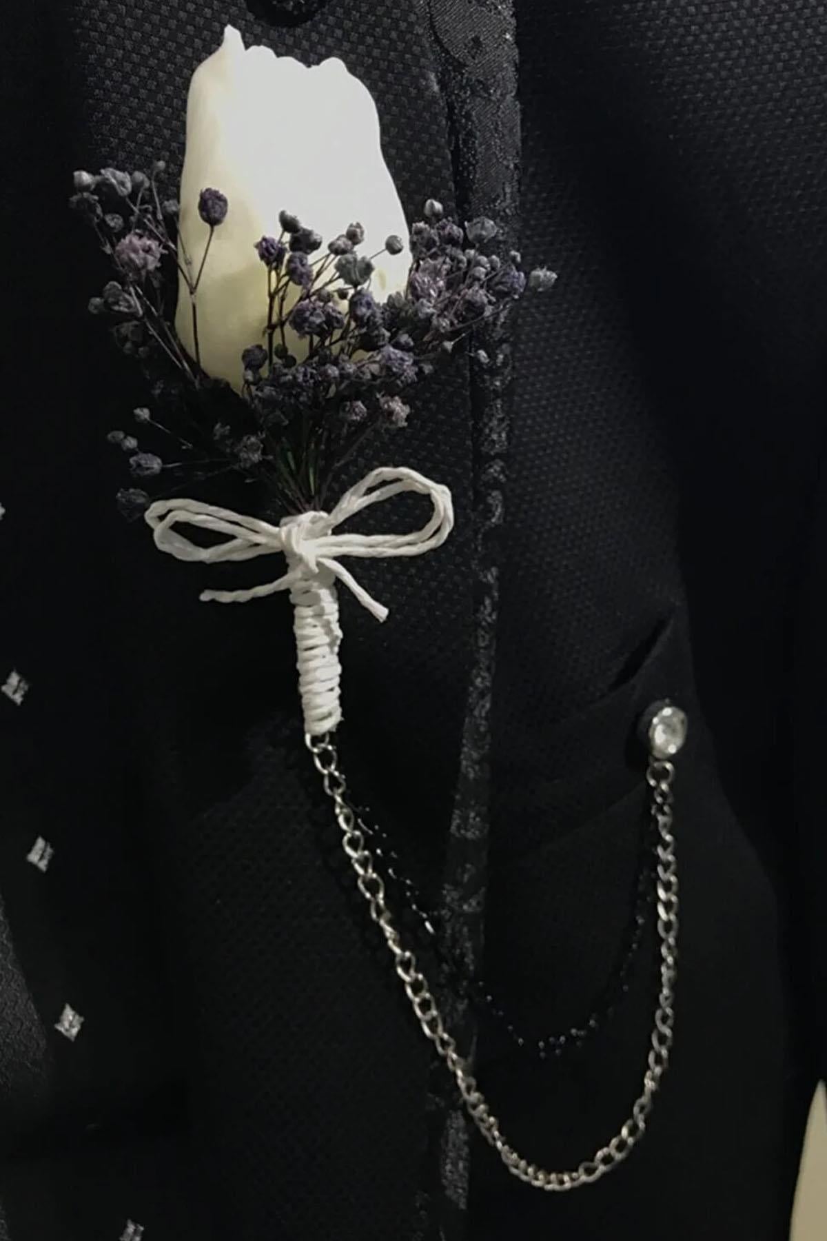 Mor Cipsolu Beyaz Tek Lale Yaka Çiçeği Damat Yaka Çiçeği Sağdıç Yaka Çiçeği 10 Adet