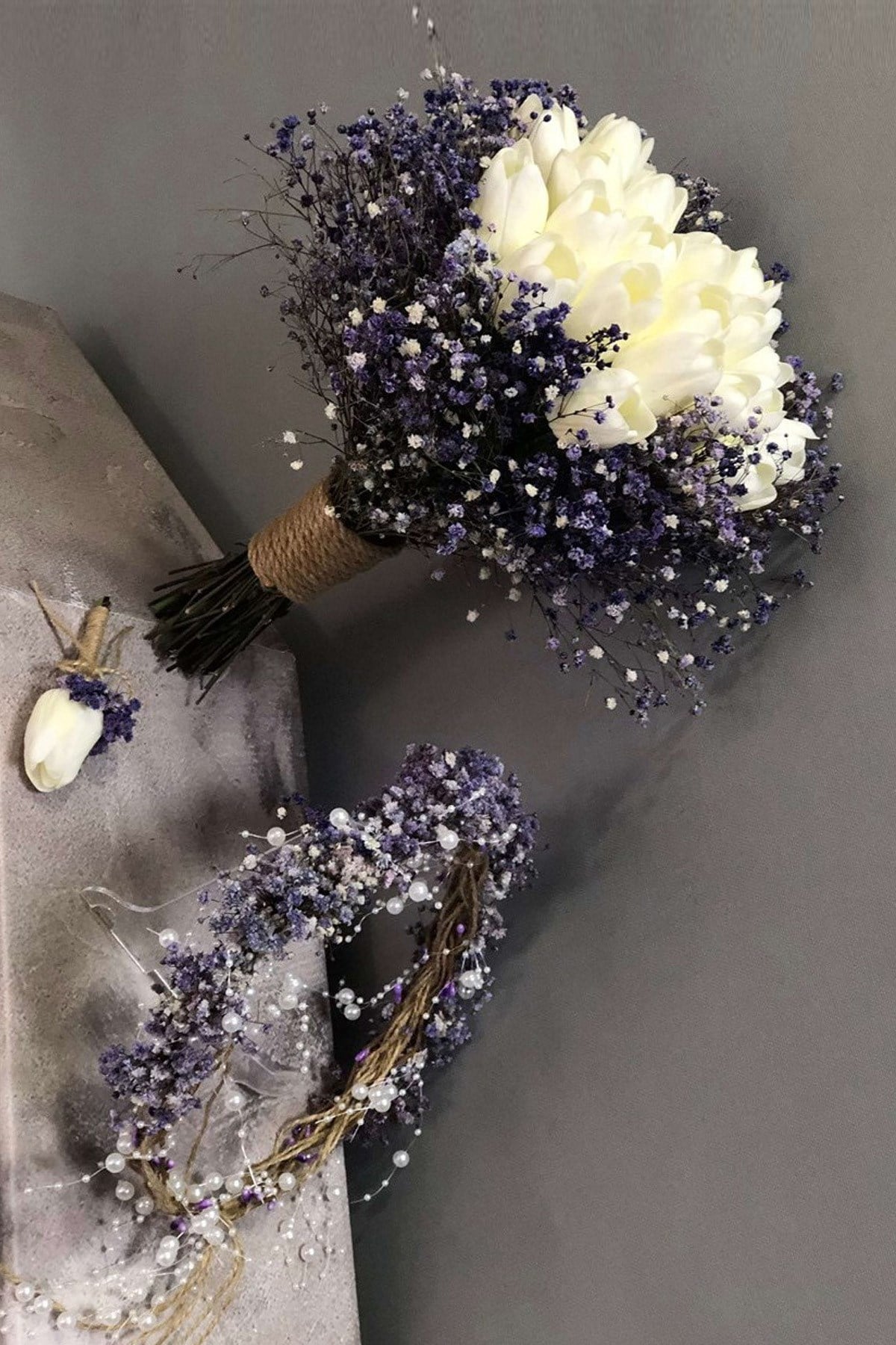 Bridal Bouquet with Purple Gypsum and Wet Tulips