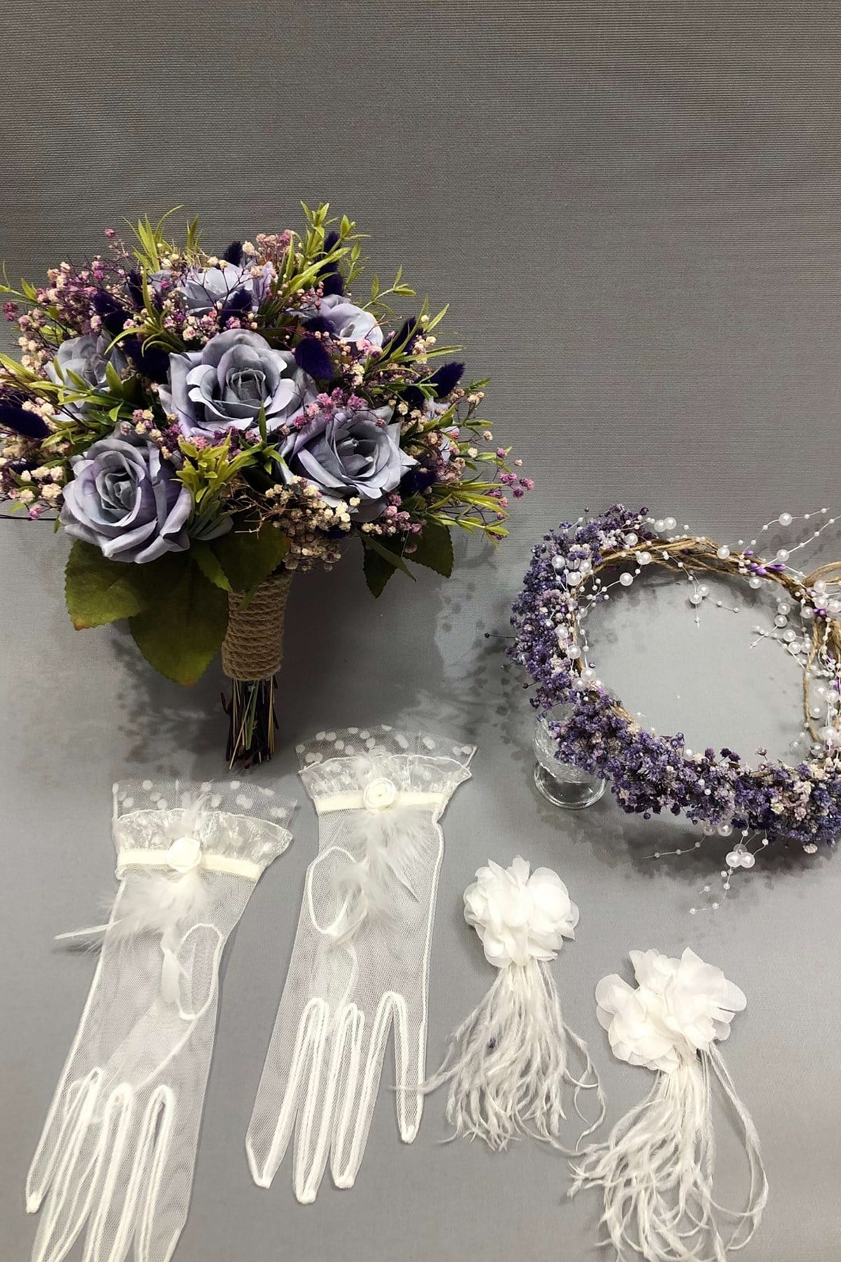 Bridal Bouquet Set Blended with Purple Gypsum and Artificial Flowers