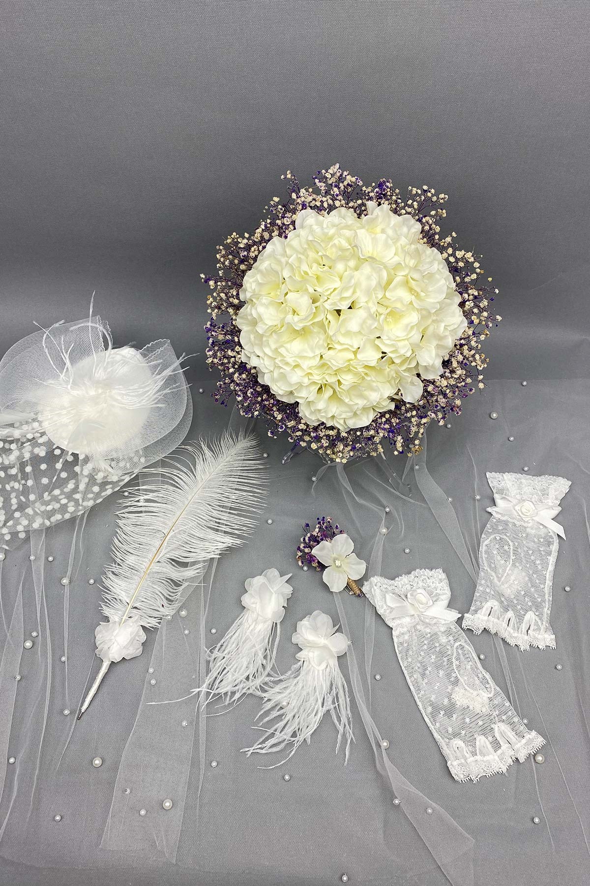 Mor Ortancalı Gelin Buketi,Nikah Şapkası ve Gelin Eldiveni Seti