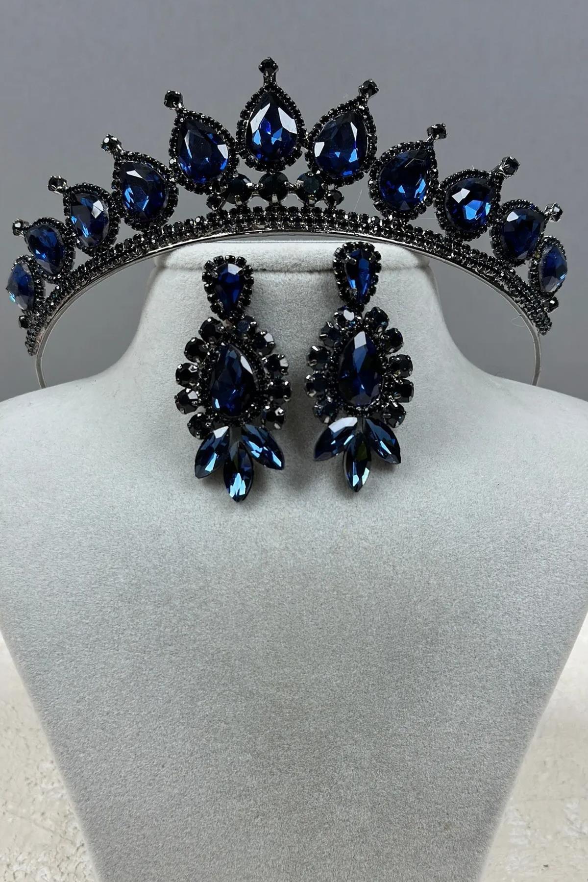 Neri Model Wedding Henna Costume Crown and Drop Earring Set Navy Blue