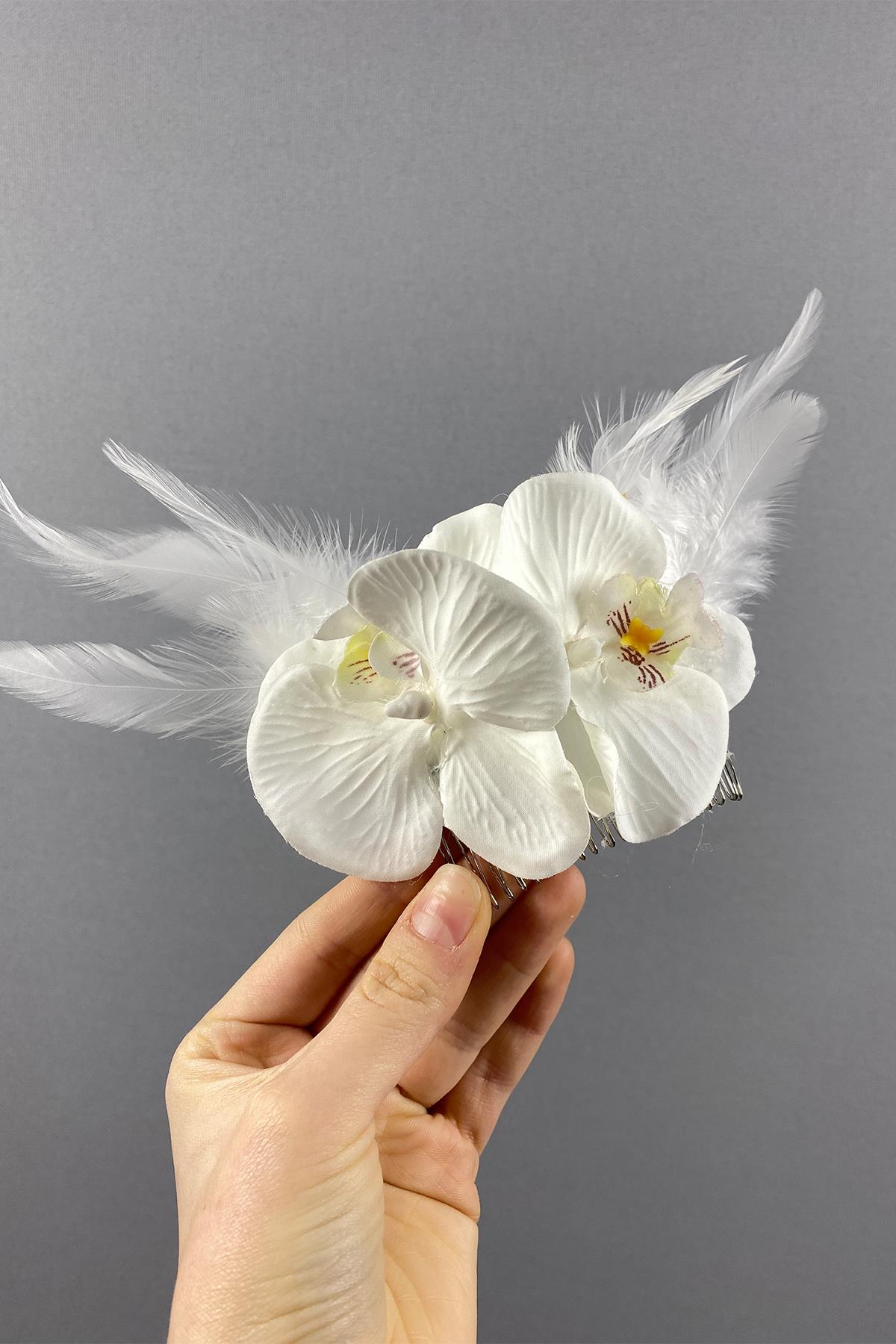 Orkide Ve Tüylü Taraklı Dış Çekim Saç Tokası