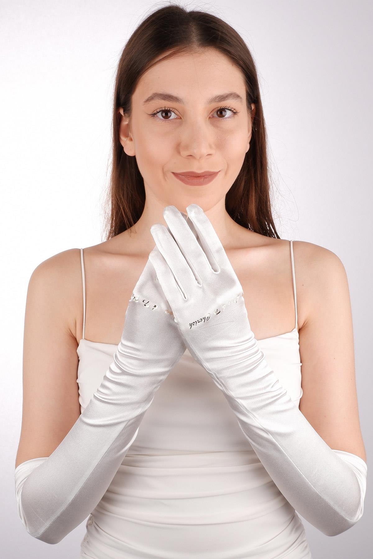 Özel Baskılı Saten Gelin Eldiveni