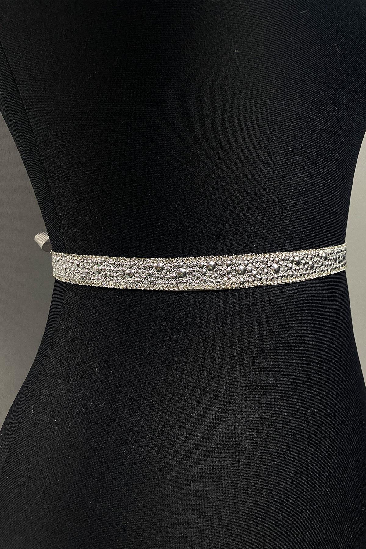 Parlak Gümüş Boncuk İşlemeli Taşlı Abiye Elbise Kemeri