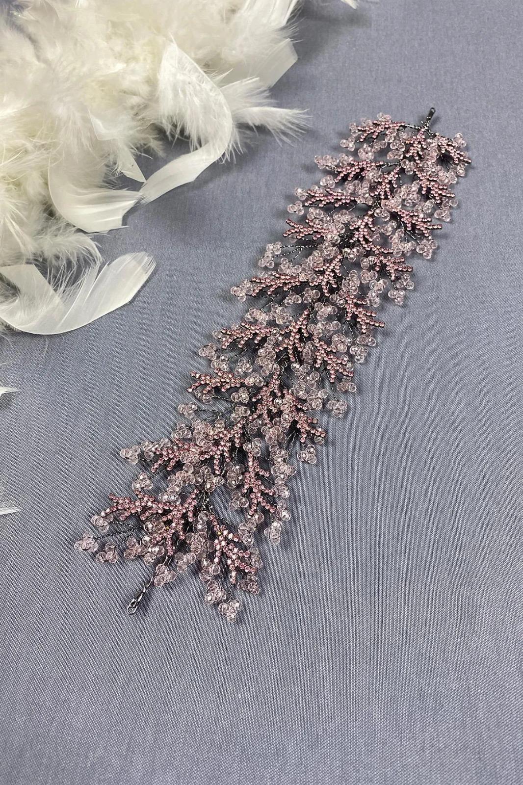 Pembe Arden Kristal Boncuklu Saç Bandı ve Gelin Kına Tacı