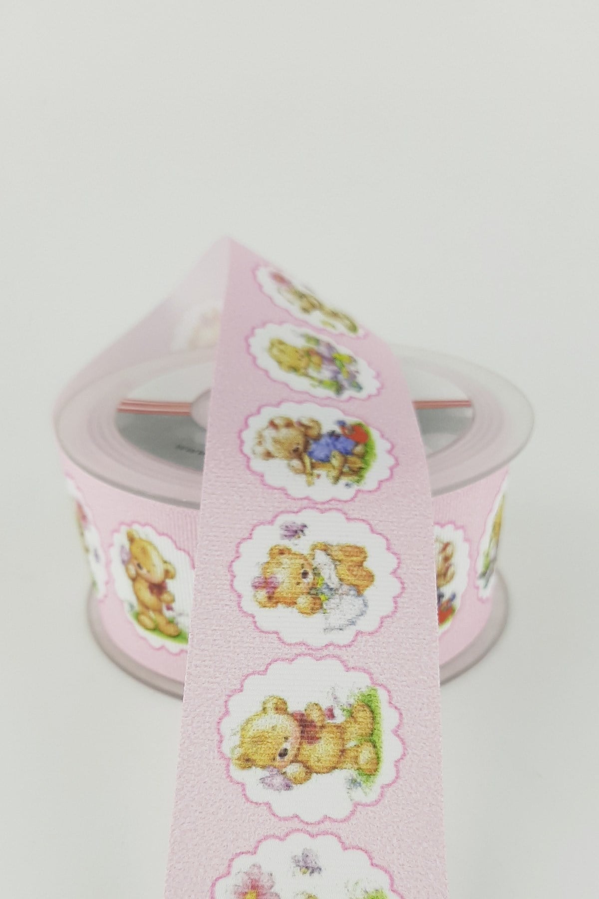 Pink Teddy Bear Patterned Grosgrain Ribbon 4 cm 20 mt