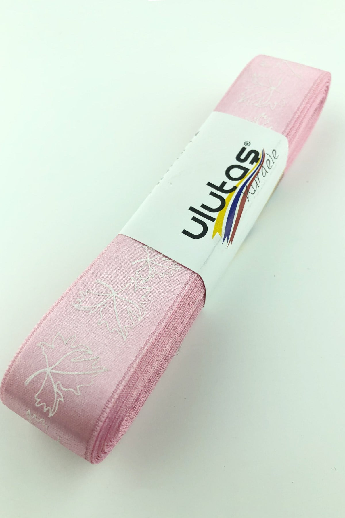 Pembe Beyaz Yaprak Baskılı Saten Kurdele 2,5 cm