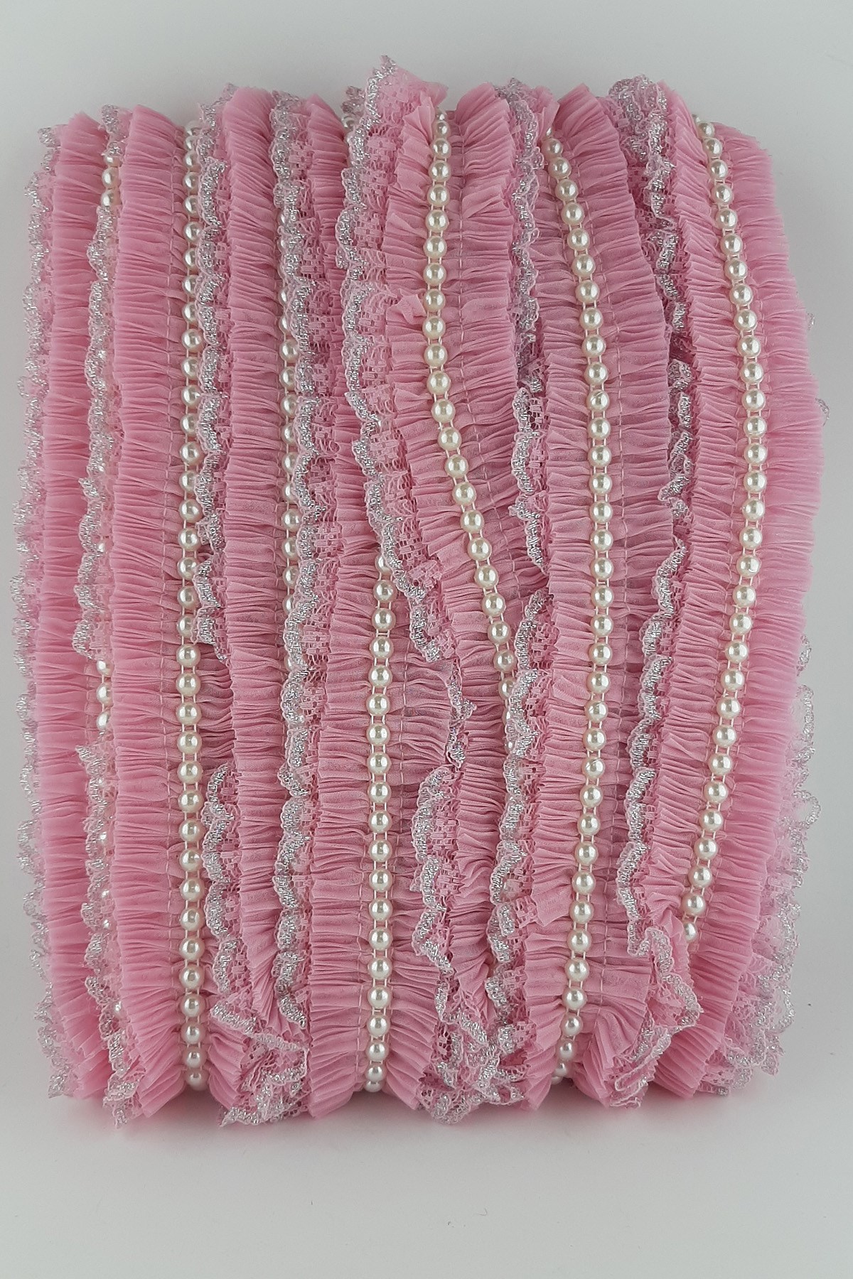 Pembe İncili Sim Dantel Plise Fırfır